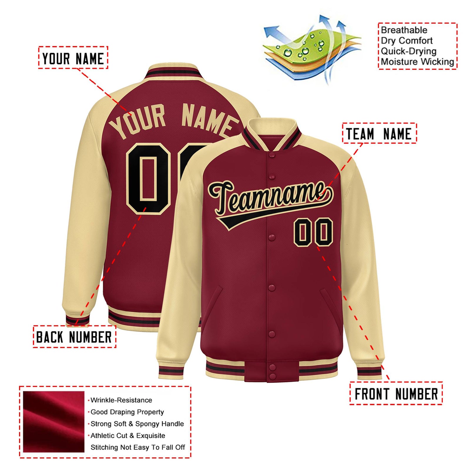 Custom Burgundy Old-Gold Black Bomber Raglan Sleeves Varsity Letterman Jacket