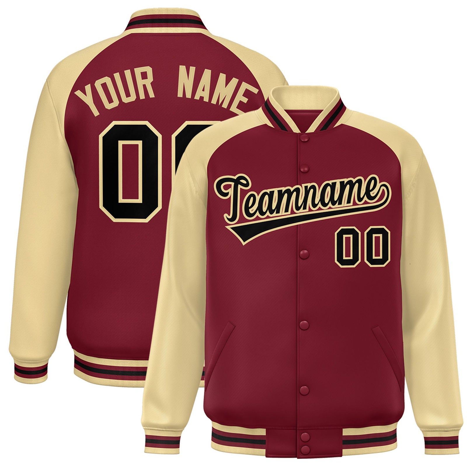 Custom Burgundy Old-Gold Black Bomber Raglan Sleeves Varsity Letterman Jacket