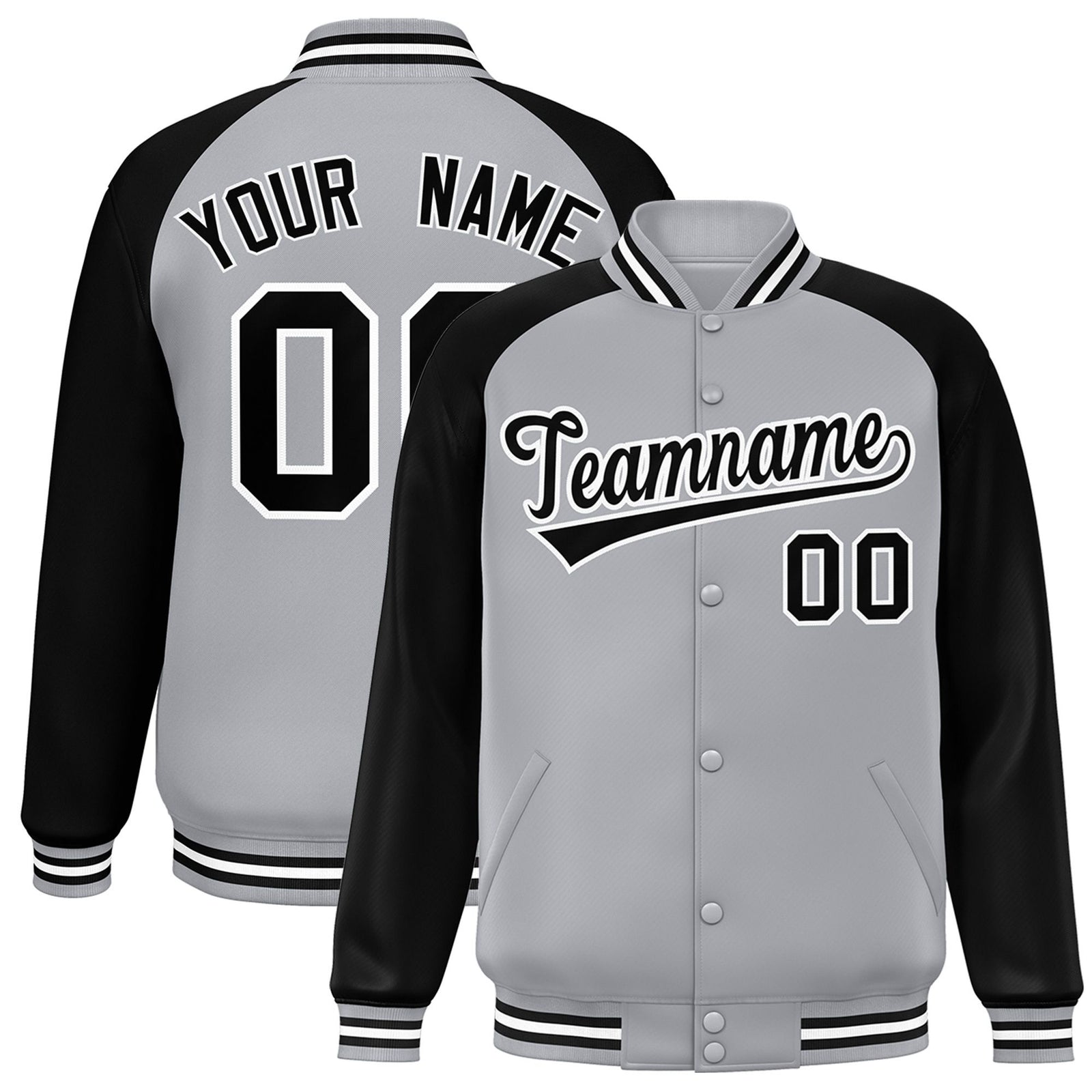 Custom Gray Black-White Bomber Raglan Sleeves Varsity Letterman Jacket