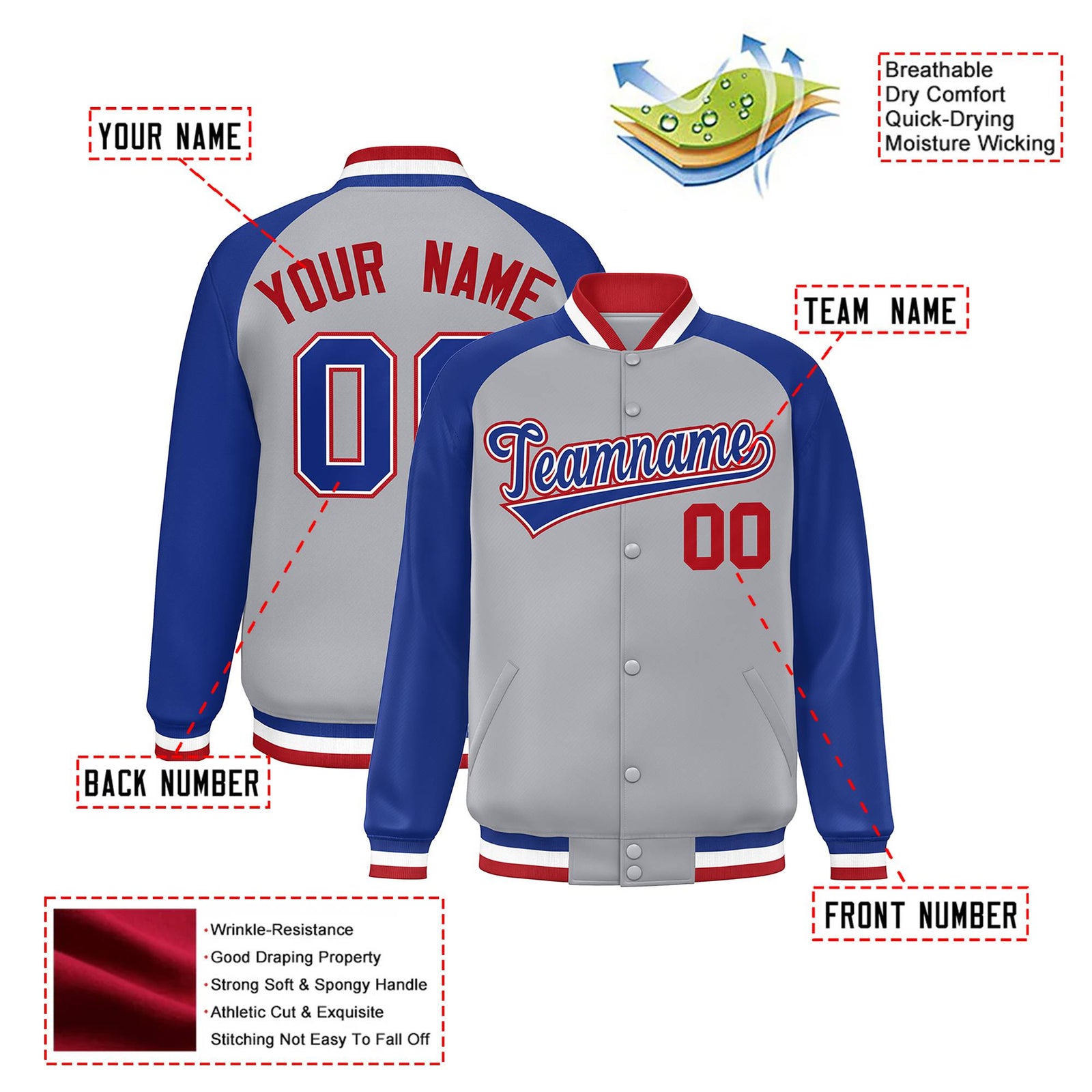 Custom Gray Thunder-Blue Red Bomber Raglan Sleeves Varsity Letterman Jacket