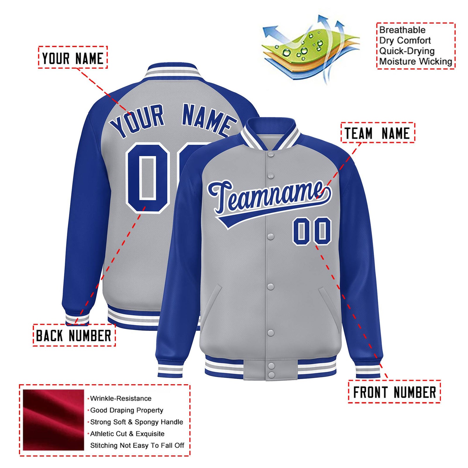 Custom Gray Thunder-Blue Black Bomber Raglan Sleeves Varsity Letterman Jacket
