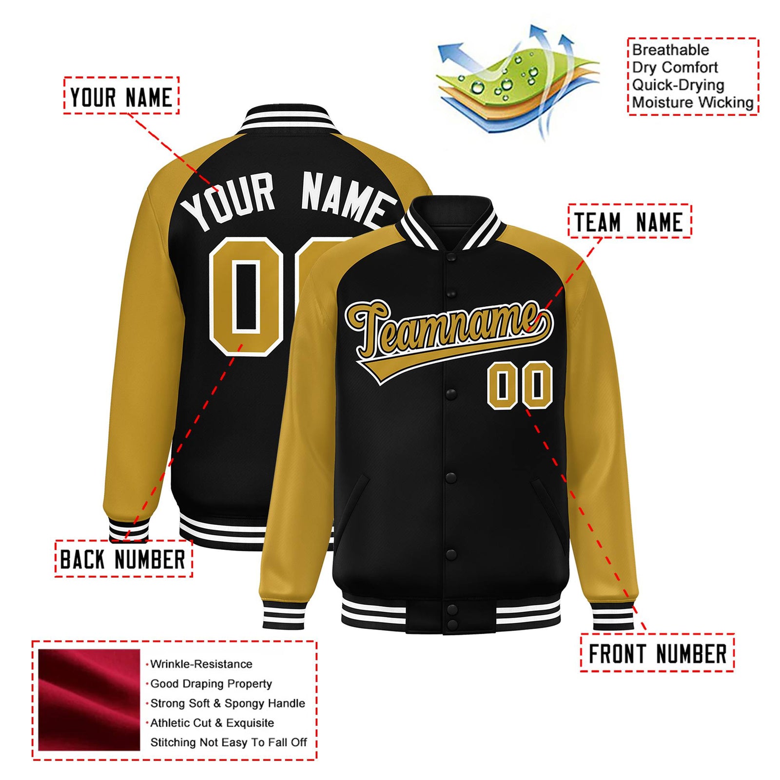 Custom Black Old-Gold White Bomber Raglan Sleeves Varsity Letterman Jacket