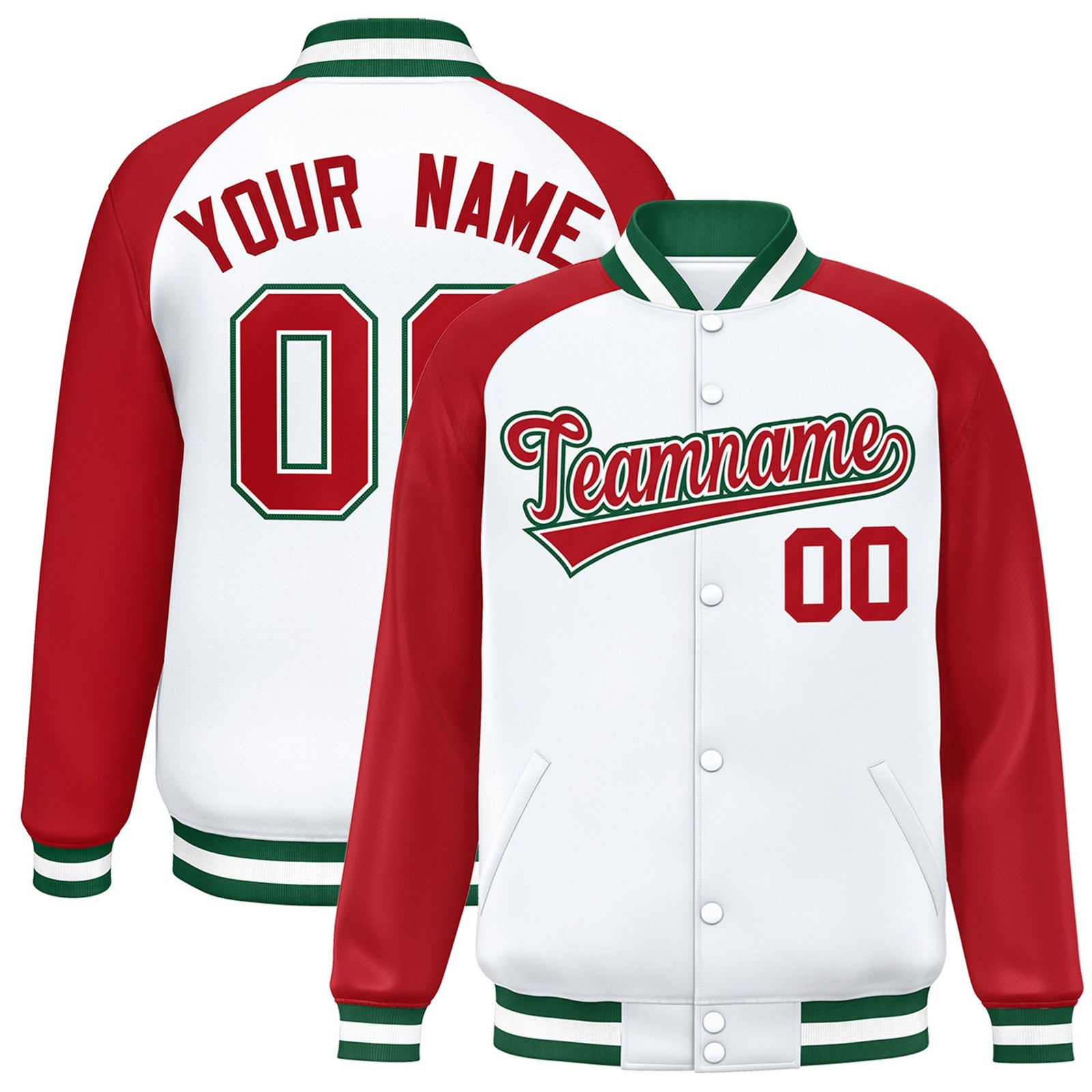 Custom White Royal-Red Green Bomber Raglan Sleeves Varsity Letterman Jacket