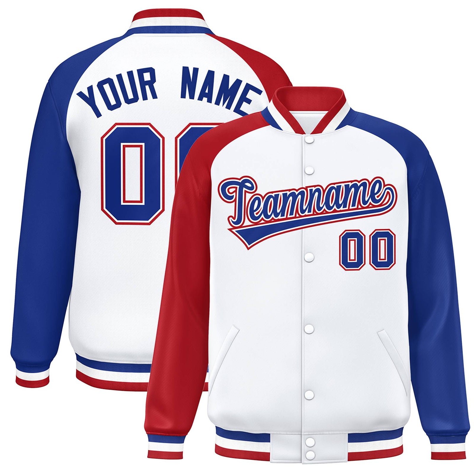 Custom White Royal-Red Thunder-Blue Bomber Raglan Sleeves Varsity Letterman Jacket