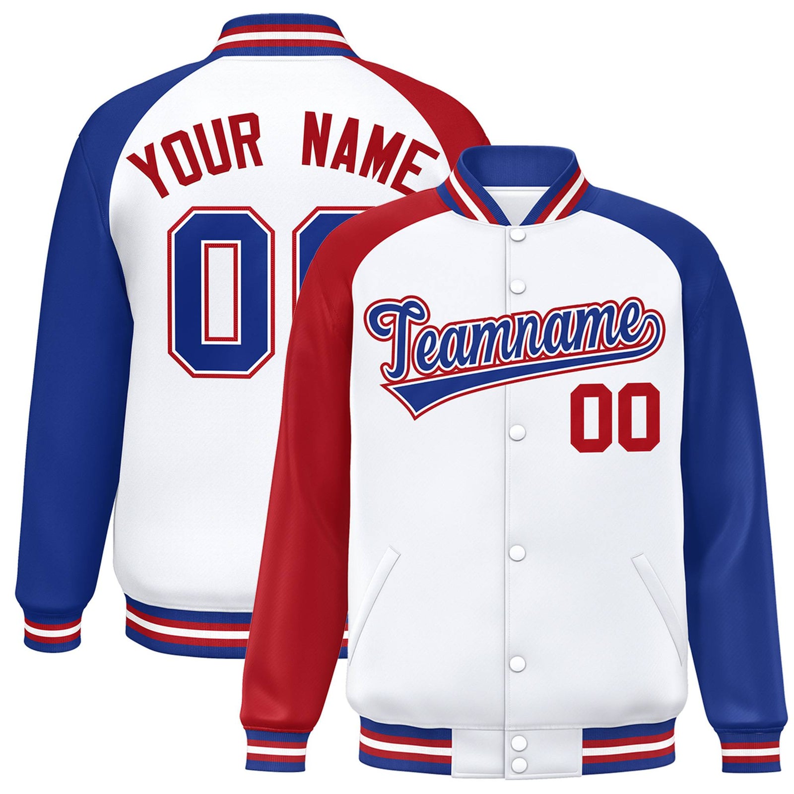 Custom White Royal-Red Thunder-Blue Bomber Raglan Sleeves Varsity Letterman Jacket