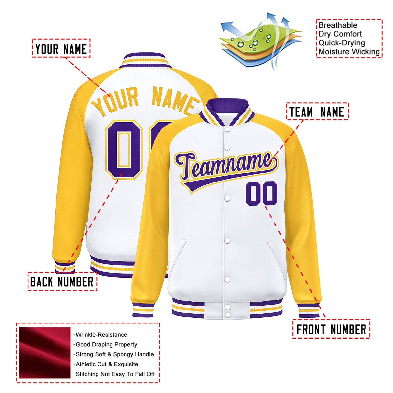Custom White-Yellow Purple Bomber Raglan Sleeves Varsity Letterman Jacket