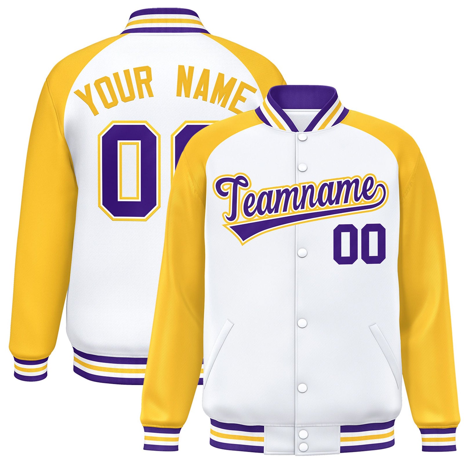 Custom White-Yellow Purple Bomber Raglan Sleeves Varsity Letterman Jacket