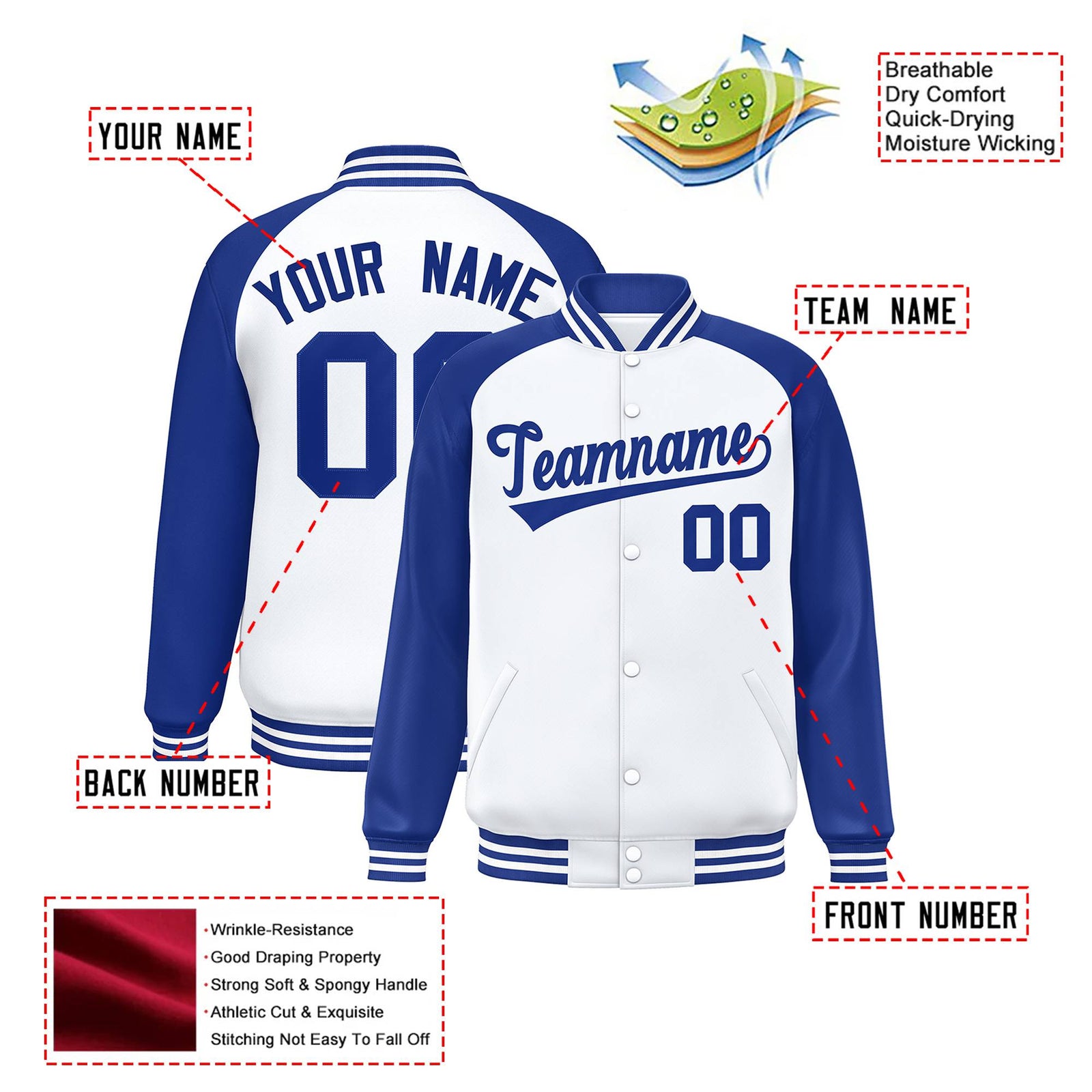 Custom White Thunder-Blue Bomber Raglan Sleeves Varsity Letterman Jacket