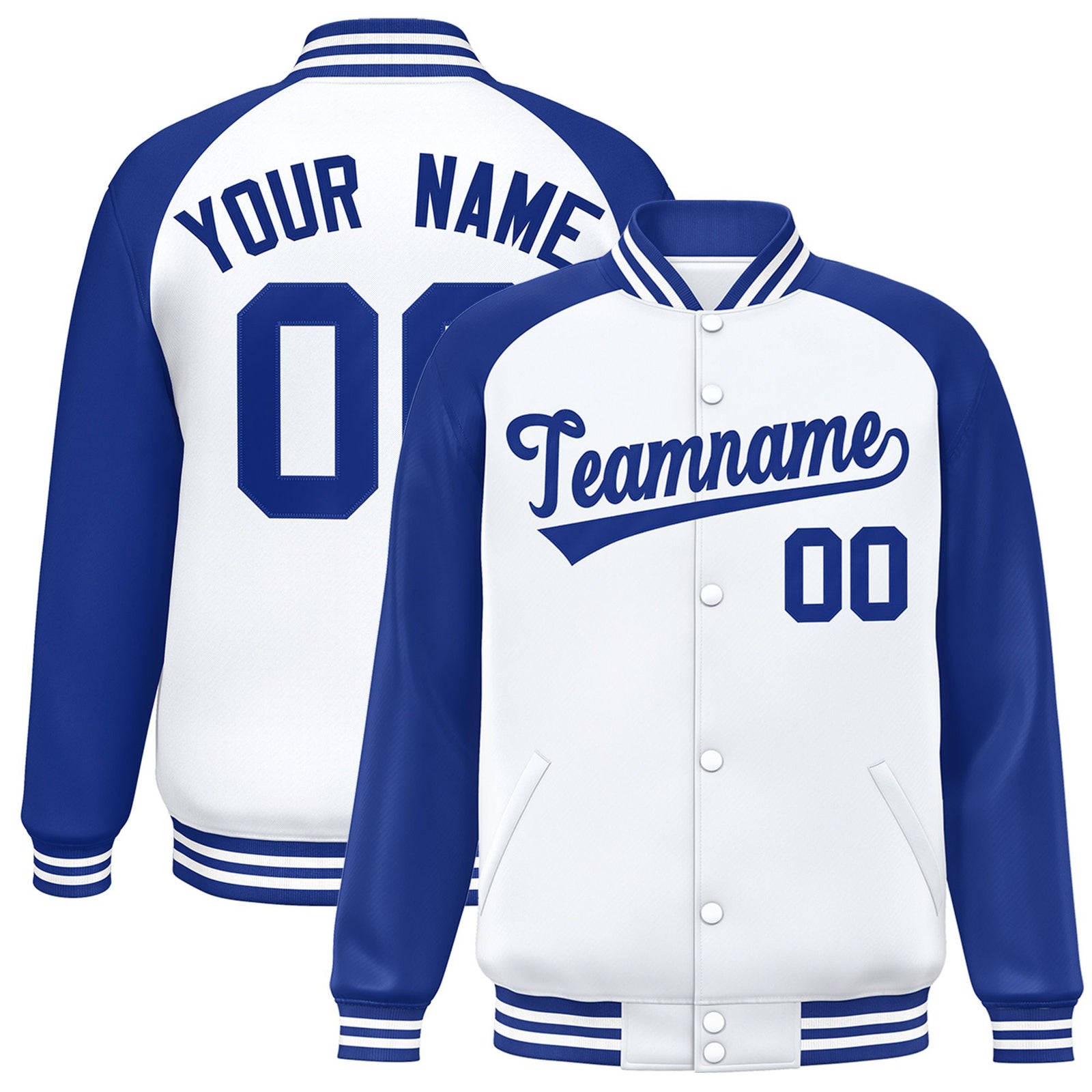Custom White Thunder-Blue Bomber Raglan Sleeves Varsity Letterman Jacket