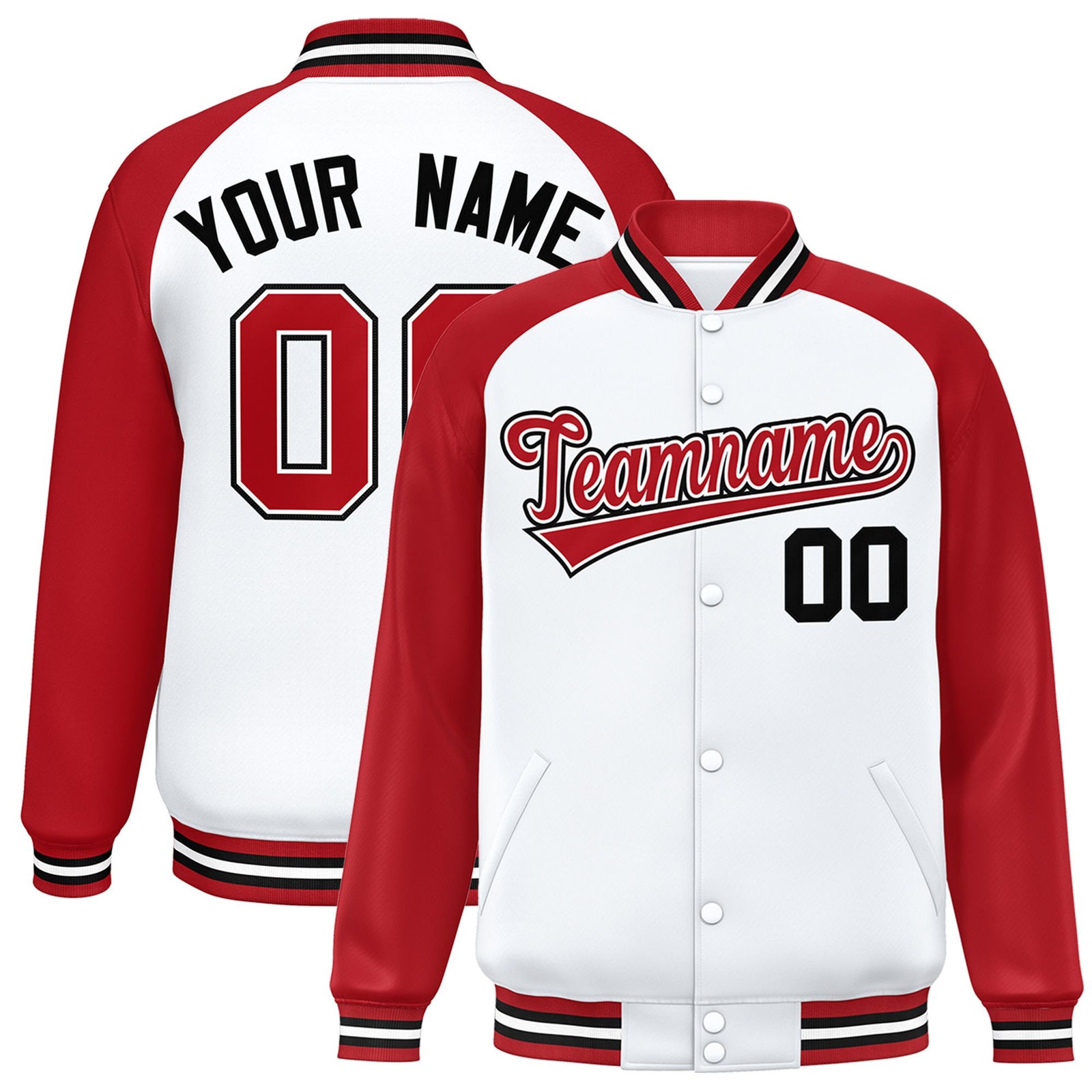 Custom White Red Black Bomber Raglan Sleeves Varsity Letterman Jacket