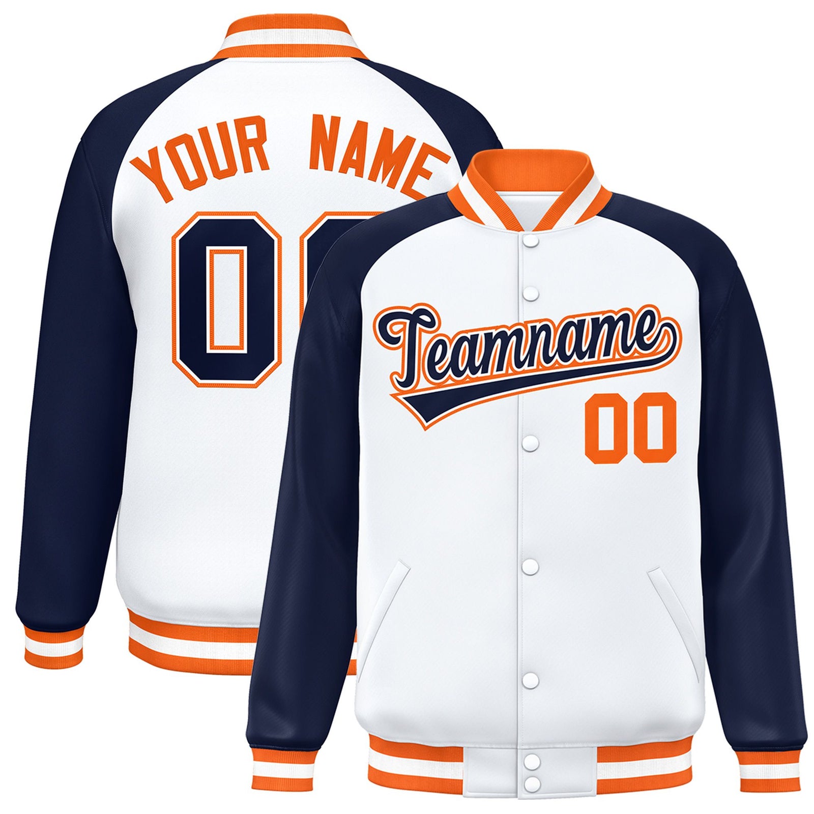 Custom White Navy Orange Bomber Raglan Sleeves Varsity Letterman Jacket