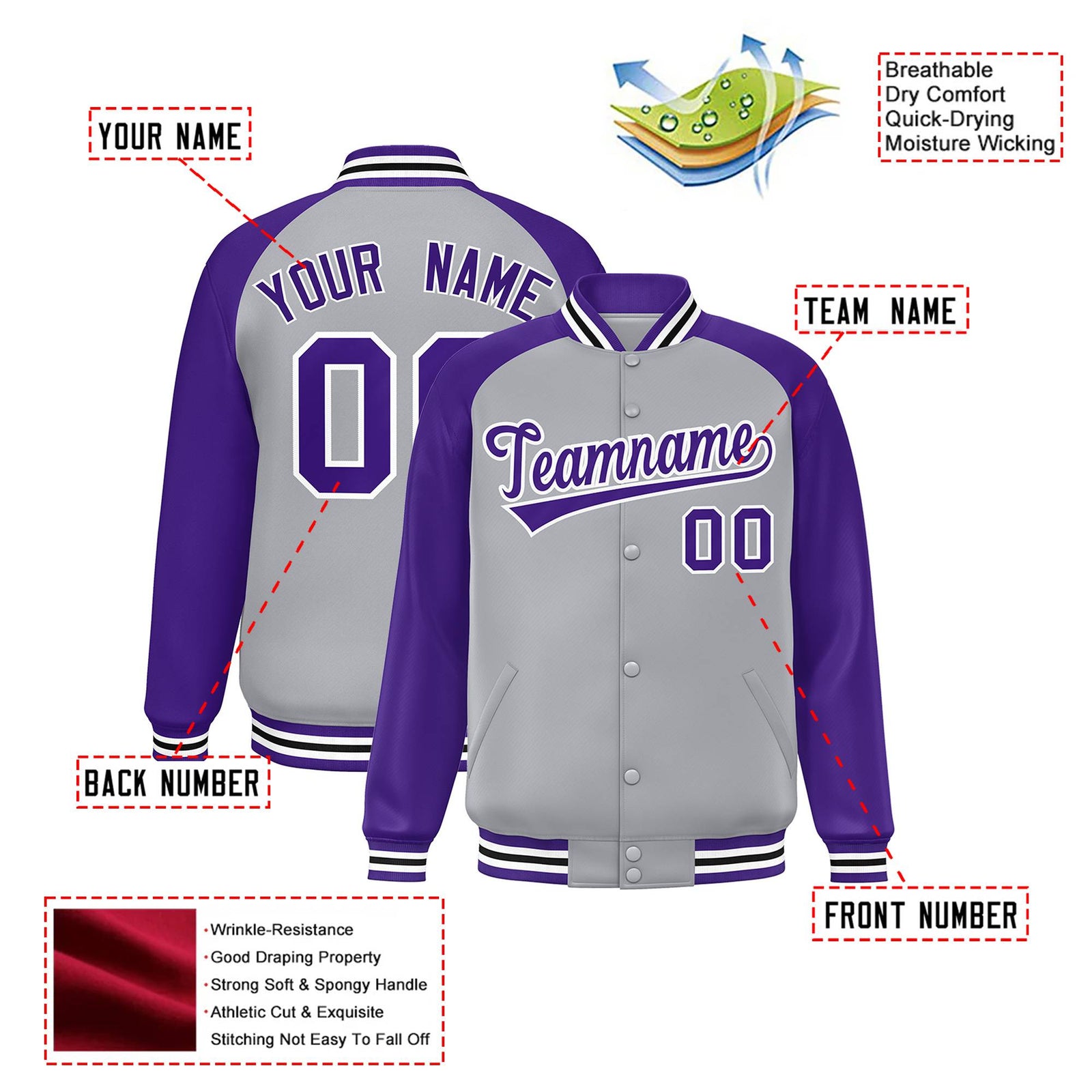 Custom Gray Purple White Bomber Raglan Sleeves Varsity Letterman Jacket
