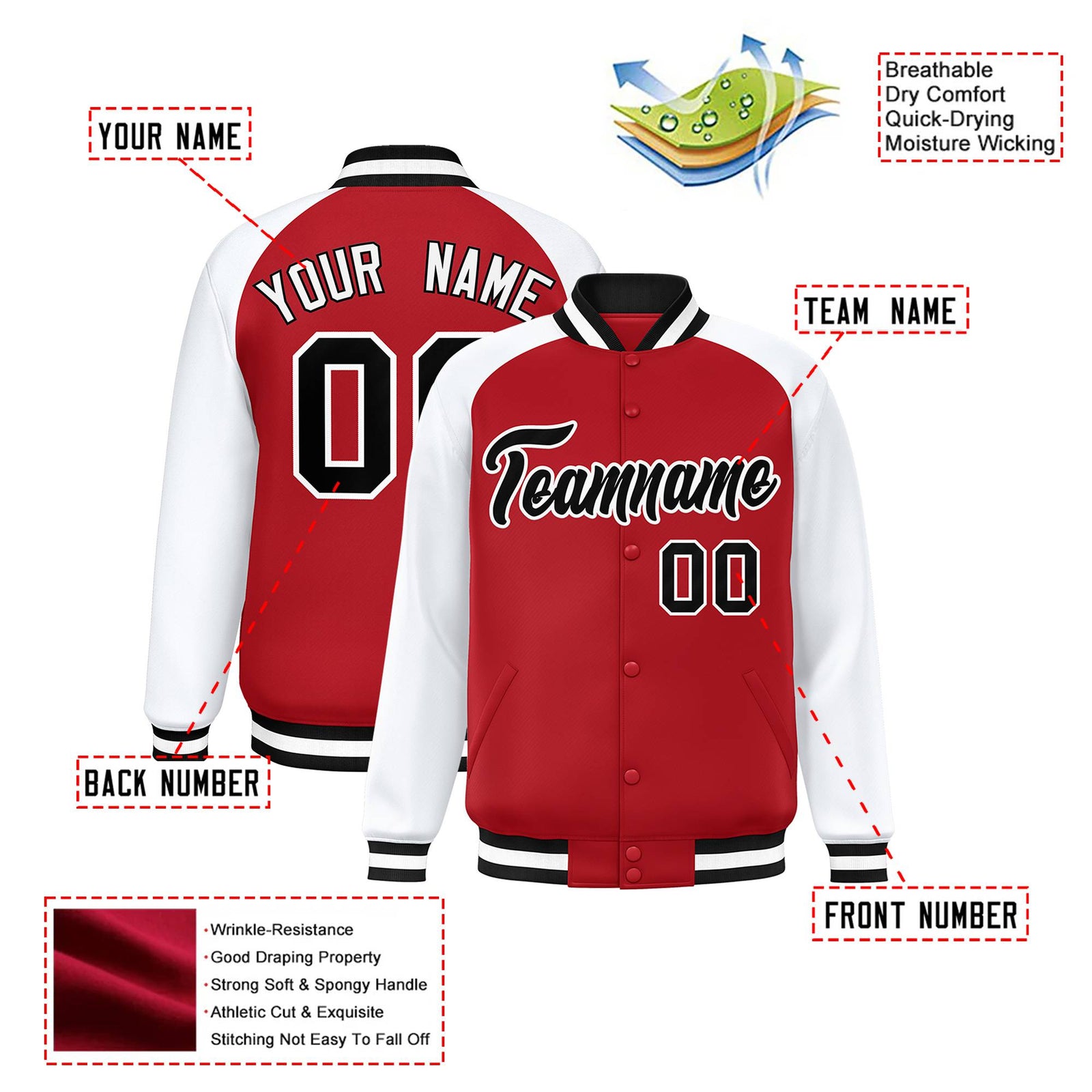 Custom Royal-Red Black-White Bomber Raglan Sleeves Varsity Letterman Jacket