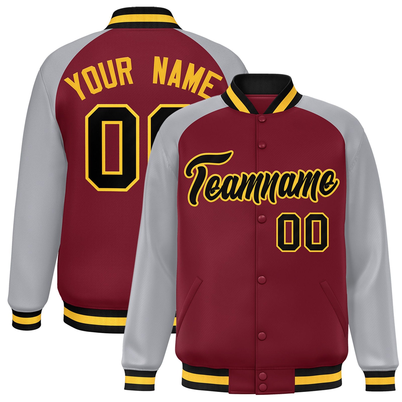 Custom Royal-Red Gray Black-Gold Bomber Raglan Sleeves Varsity Letterman Jacket