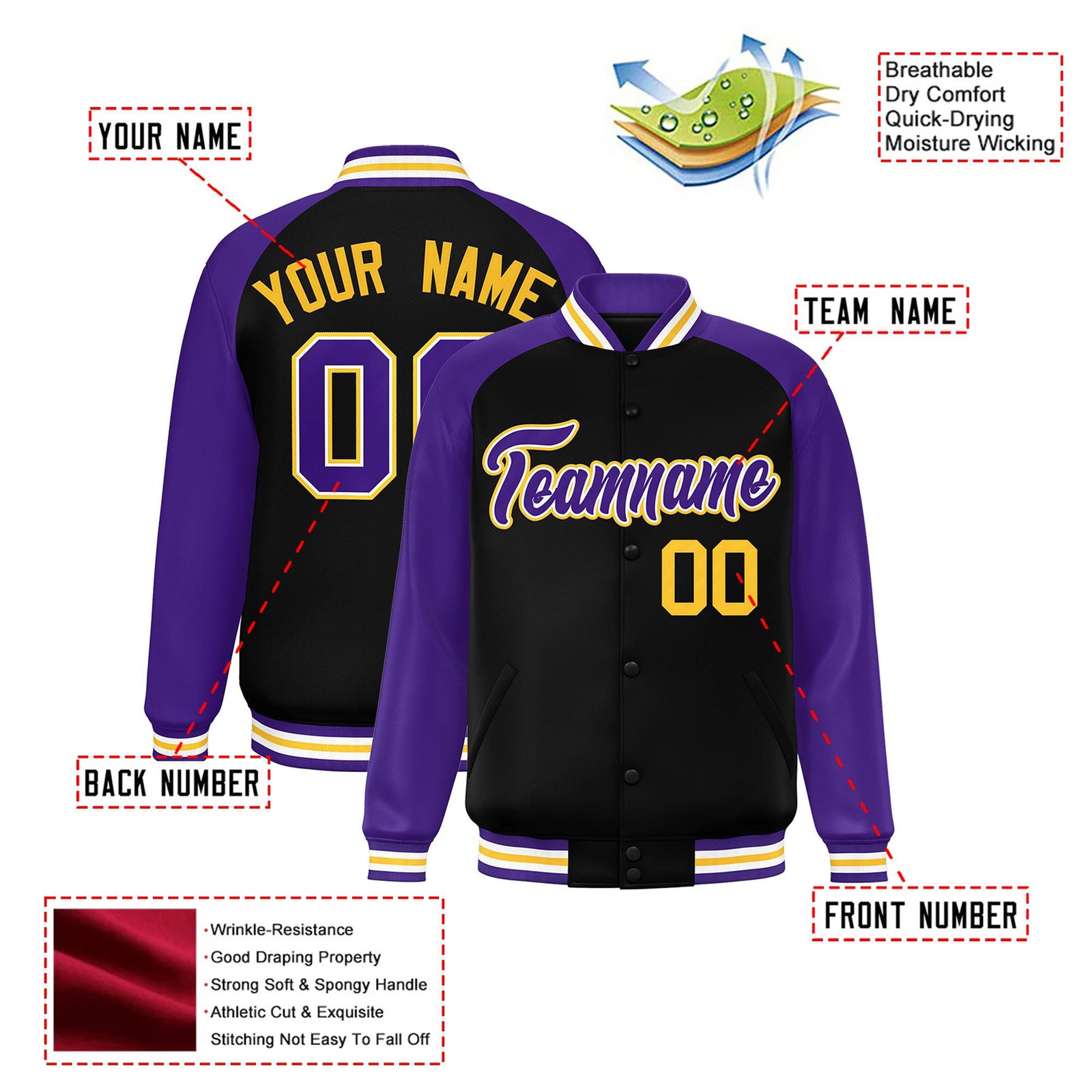 Custom Black Purple-Yellow Bomber Raglan Sleeves Varsity Letterman Jacket