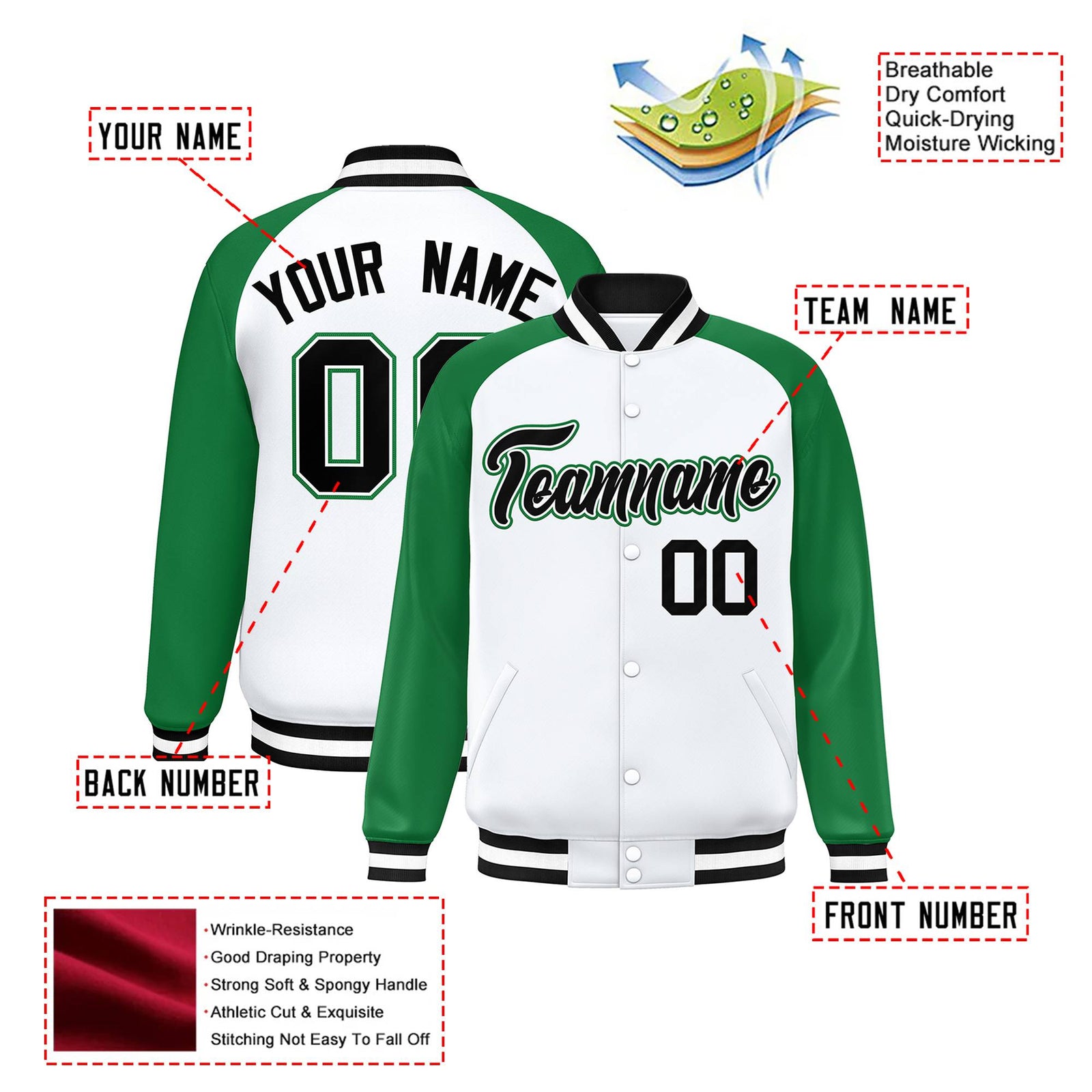 Custom White Neon-Green Black Bomber Raglan Sleeves Varsity Letterman Jacket