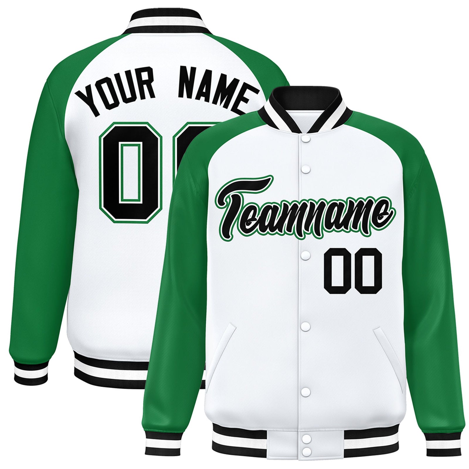 Custom White Neon-Green Black Bomber Raglan Sleeves Varsity Letterman Jacket