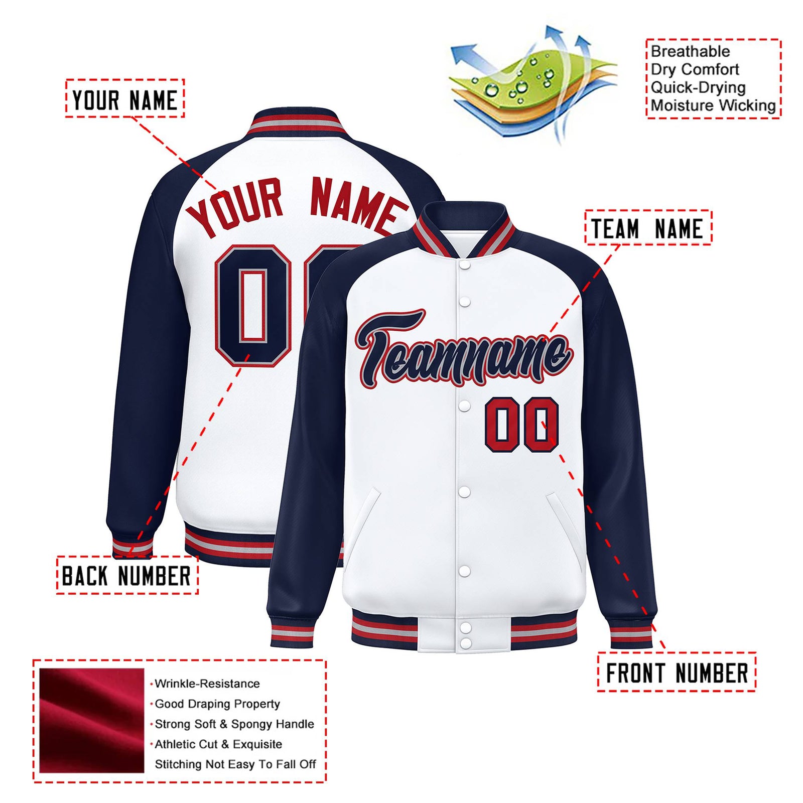 Custom White Navy-Red Gray Bomber Raglan Sleeves Varsity Letterman Jacket