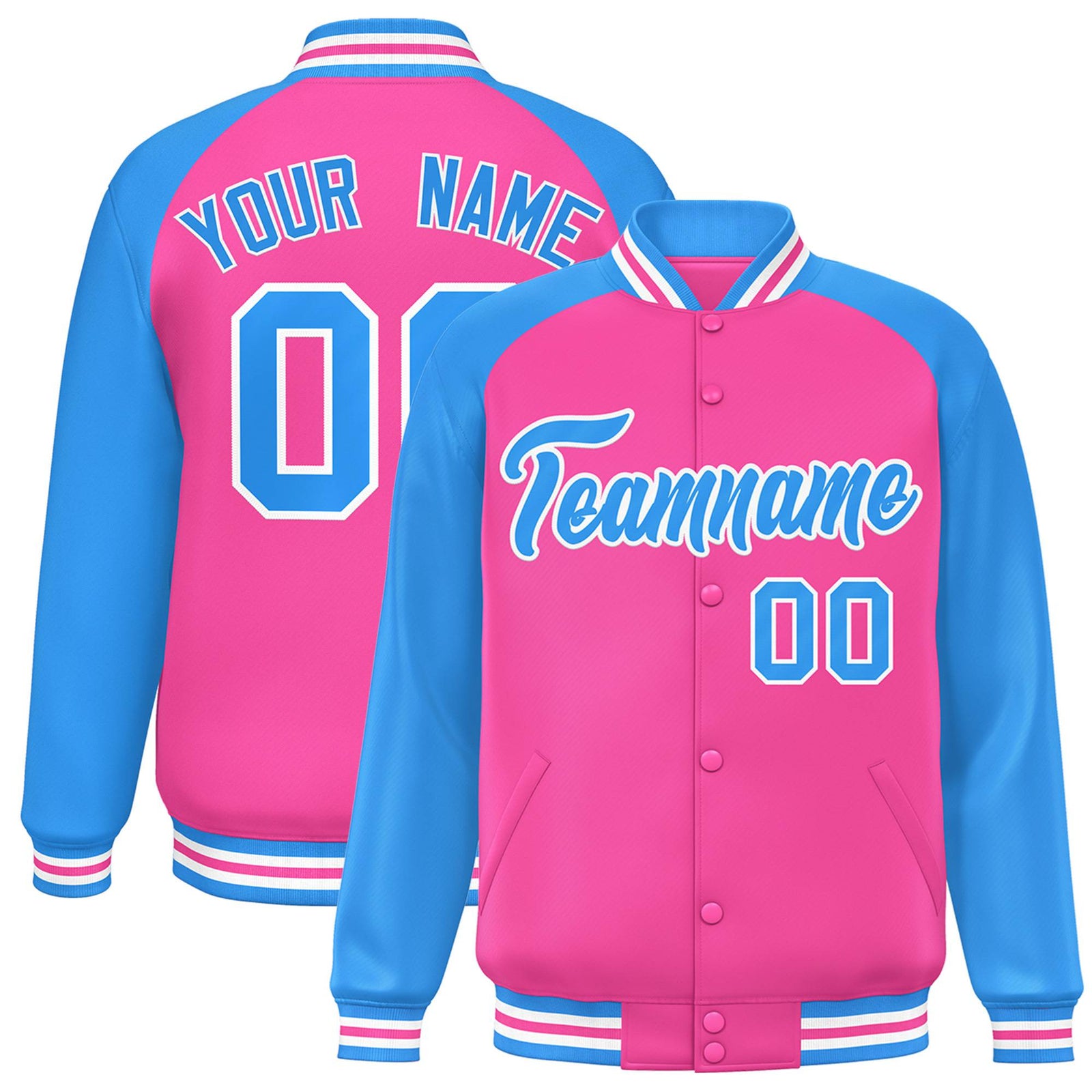 Custom Pink Blue-White Bomber Raglan Sleeves Varsity Letterman Jacket