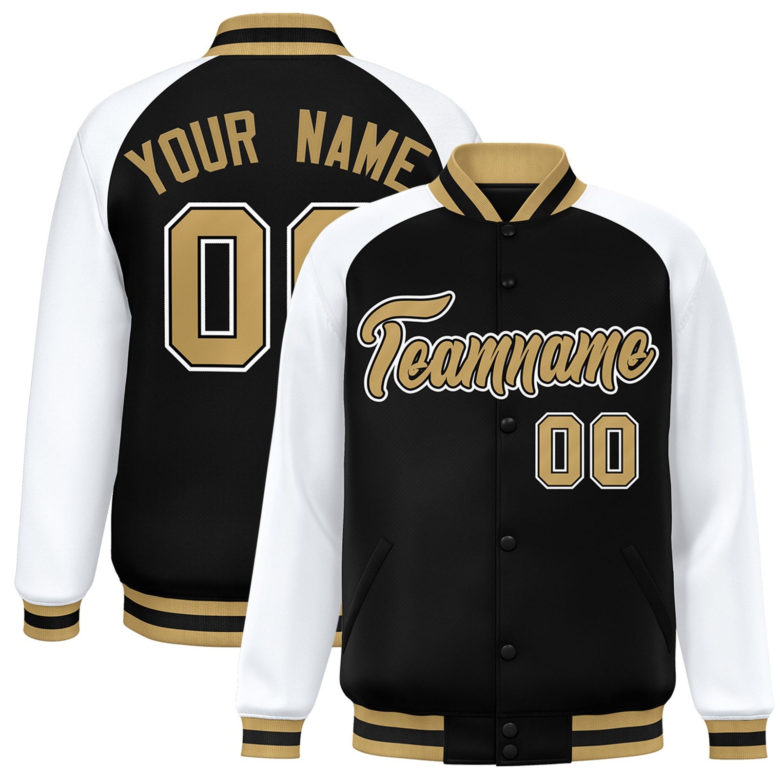 Custom Black White Old-Gold Bomber Raglan Sleeves Varsity Letterman Jacket