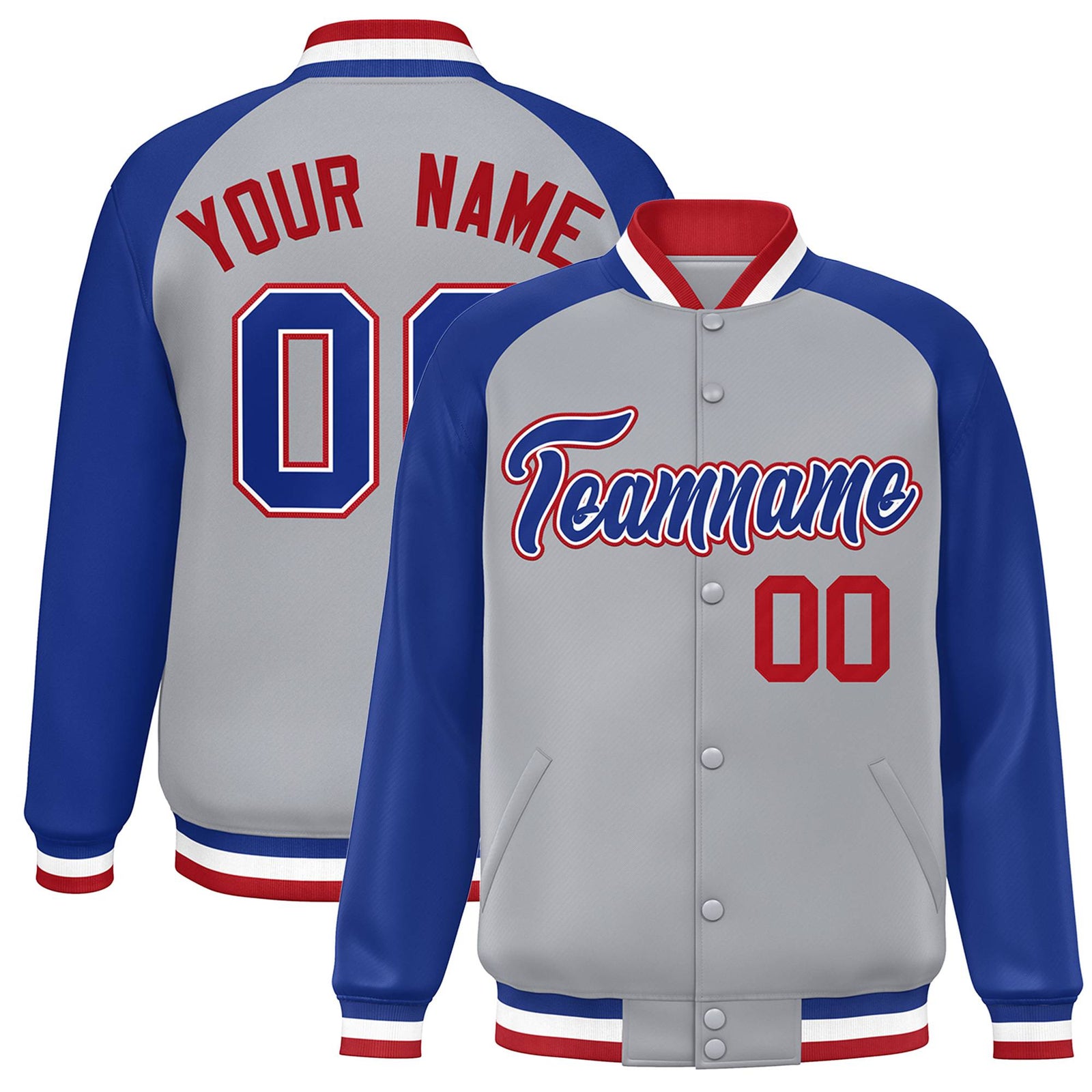Custom Gray Thunder-Blue Red Bomber Raglan Sleeves Varsity Letterman Jacket