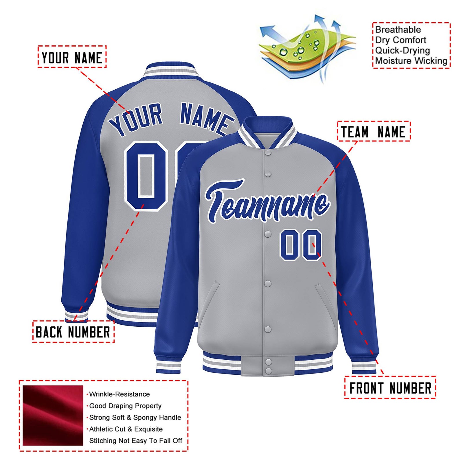 Custom Gray Thunder-Blue Black Bomber Raglan Sleeves Varsity Letterman Jacket