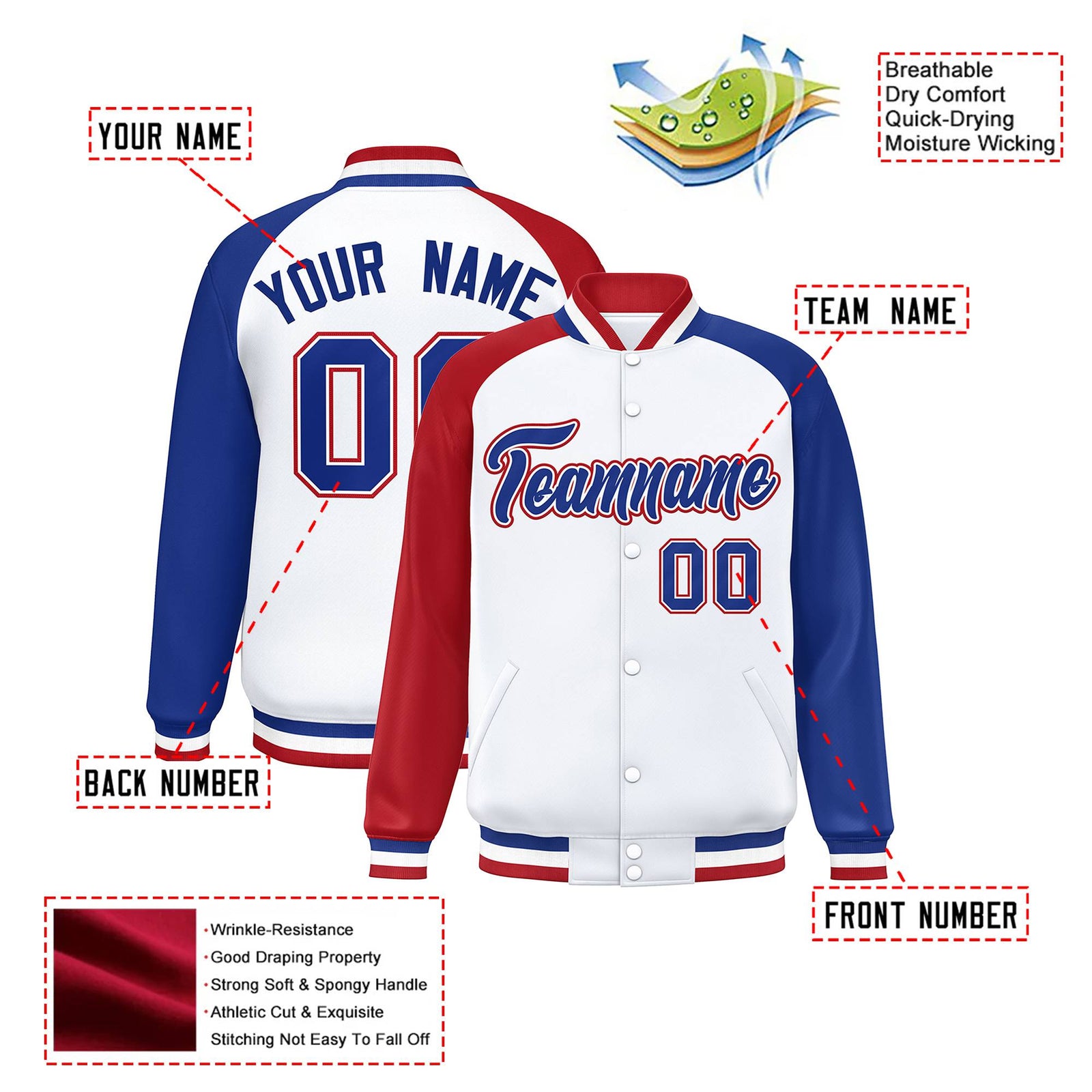 Custom White Royal-Red Thunder-Blue Bomber Raglan Sleeves Varsity Letterman Jacket