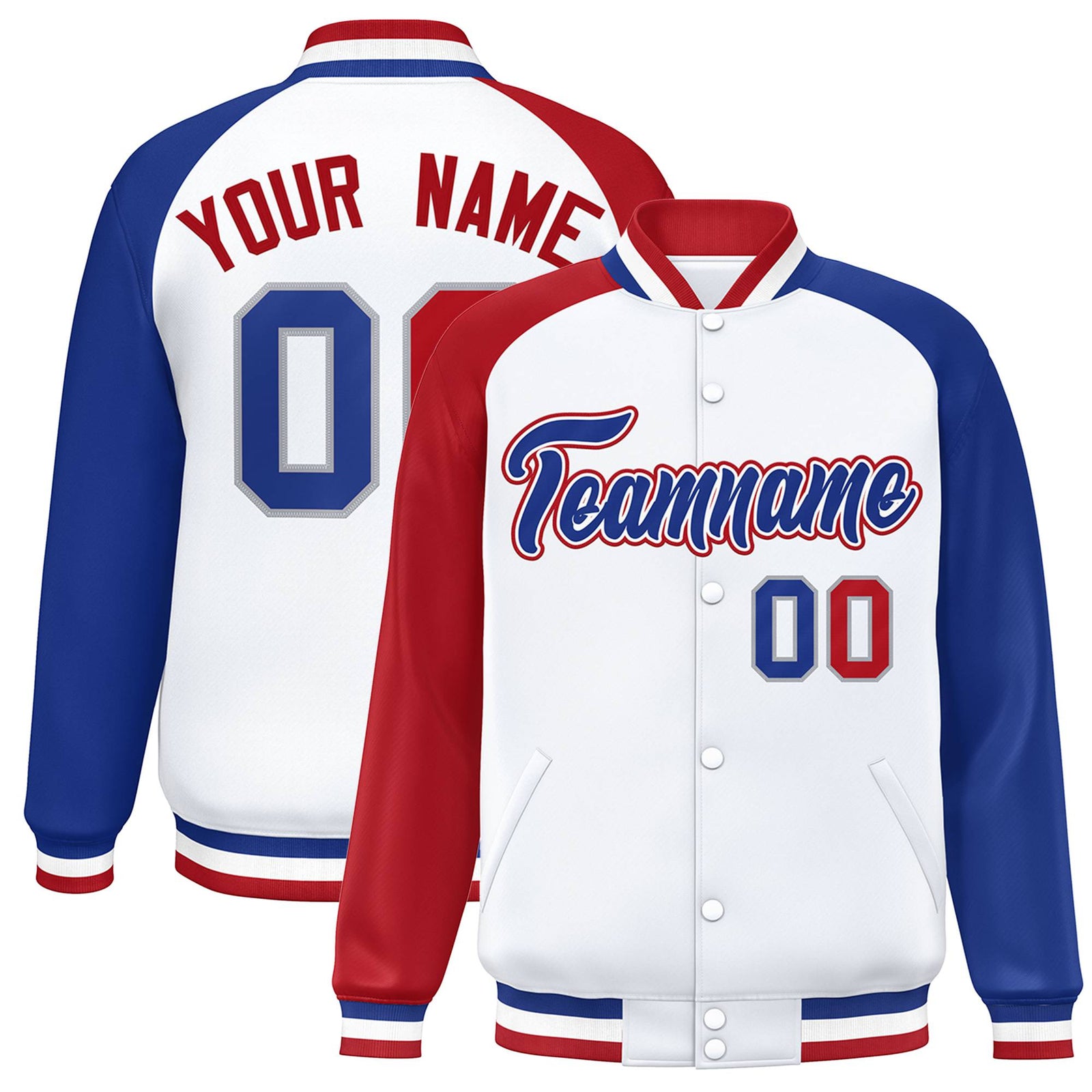 Custom White Royal-Red Thunder-Blue Bomber Raglan Sleeves Varsity Letterman Jacket