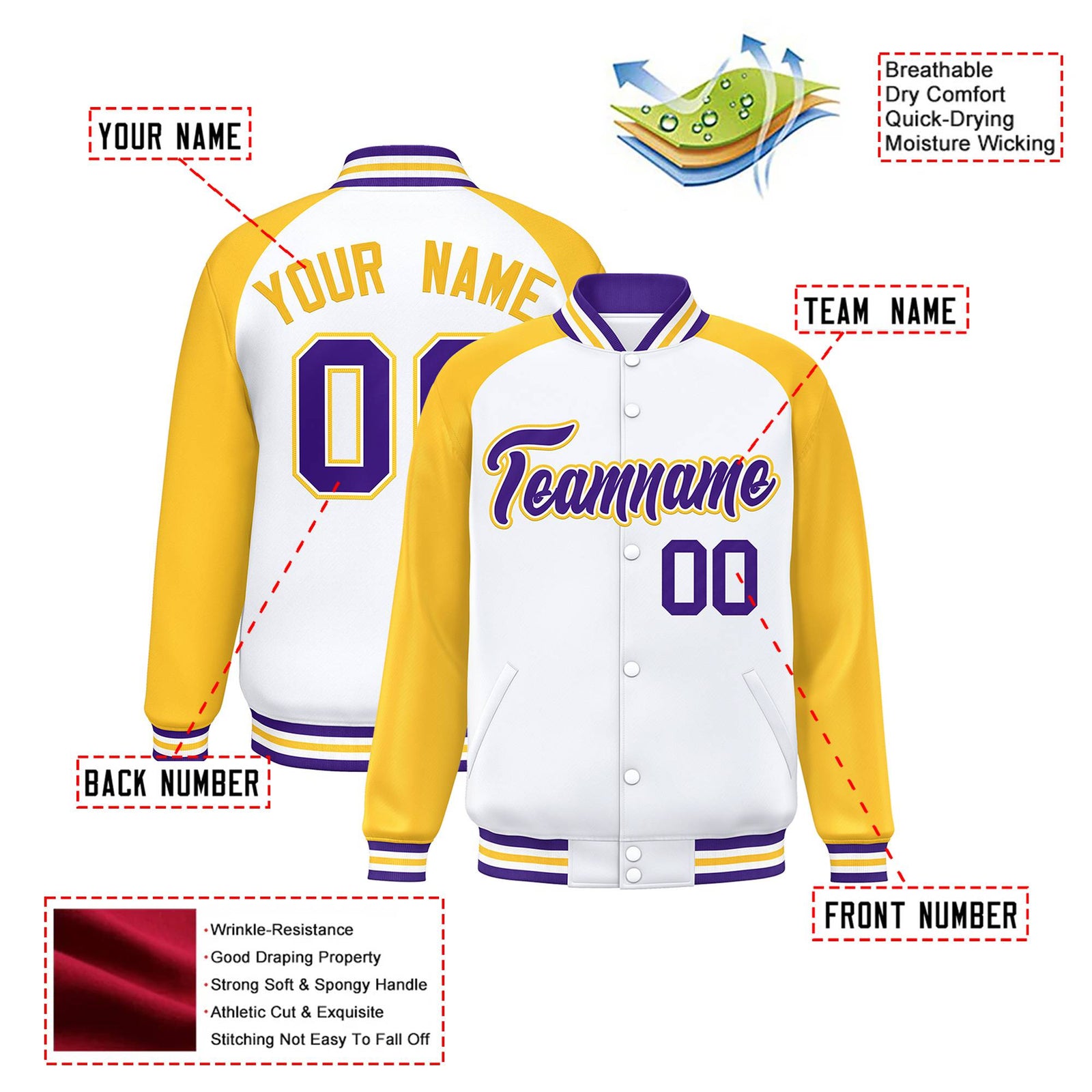 Custom White-Yellow Purple Bomber Raglan Sleeves Varsity Letterman Jacket