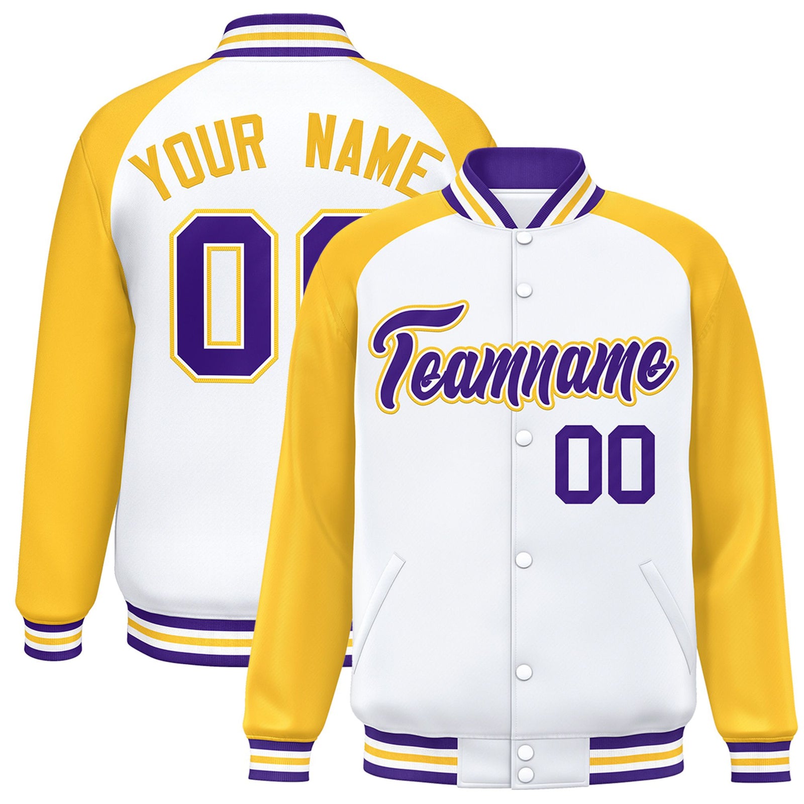 Custom White-Yellow Purple Bomber Raglan Sleeves Varsity Letterman Jacket