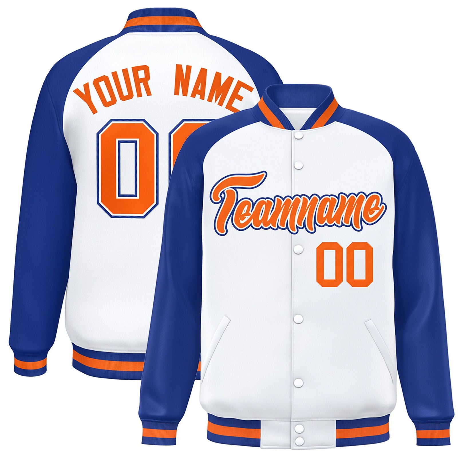 Custom White Thunder-Blue Orange Bomber Raglan Sleeves Varsity Letterman Jacket
