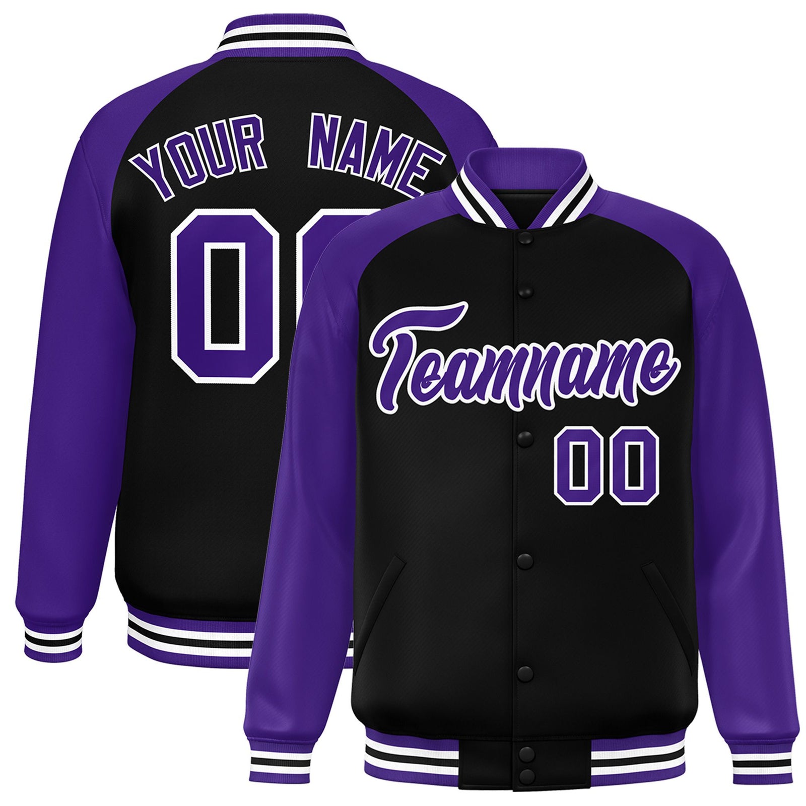 Custom Black Purple White Bomber Raglan Sleeves Varsity Letterman Jacket