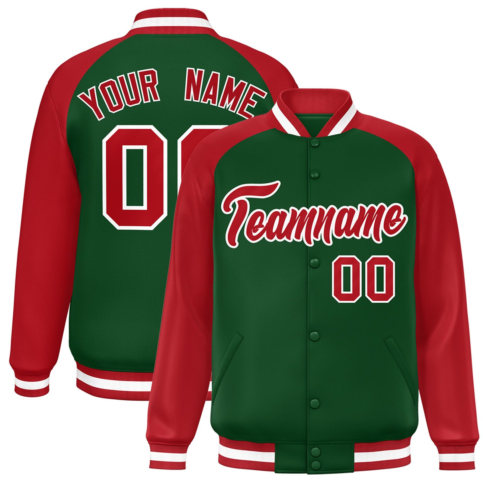 Custom Kelly Green Red White Bomber Raglan Sleeves Varsity Letterman Jacket