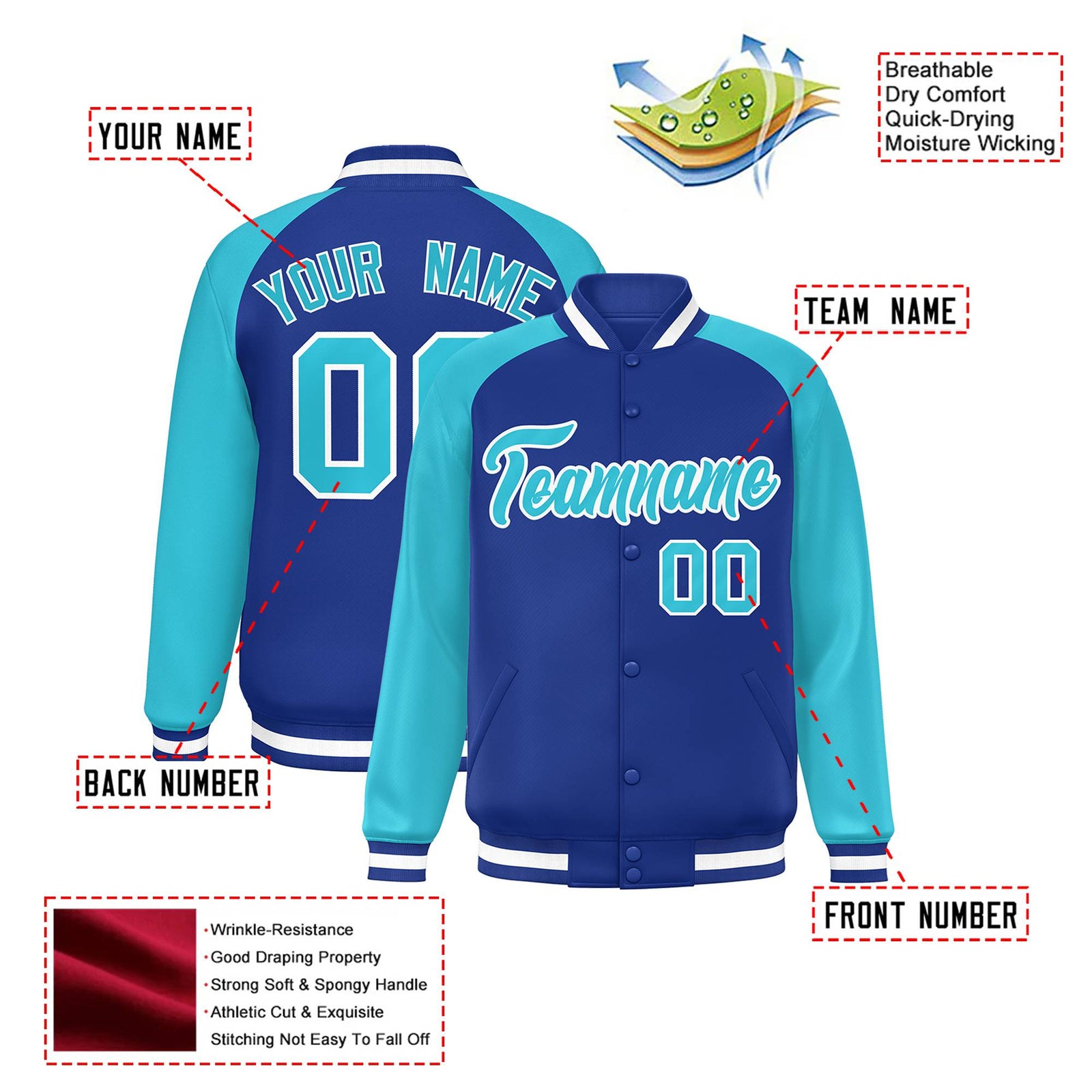 Custom Thunder-Blue Aqua-White Bomber Raglan Sleeves Varsity Letterman Jacket