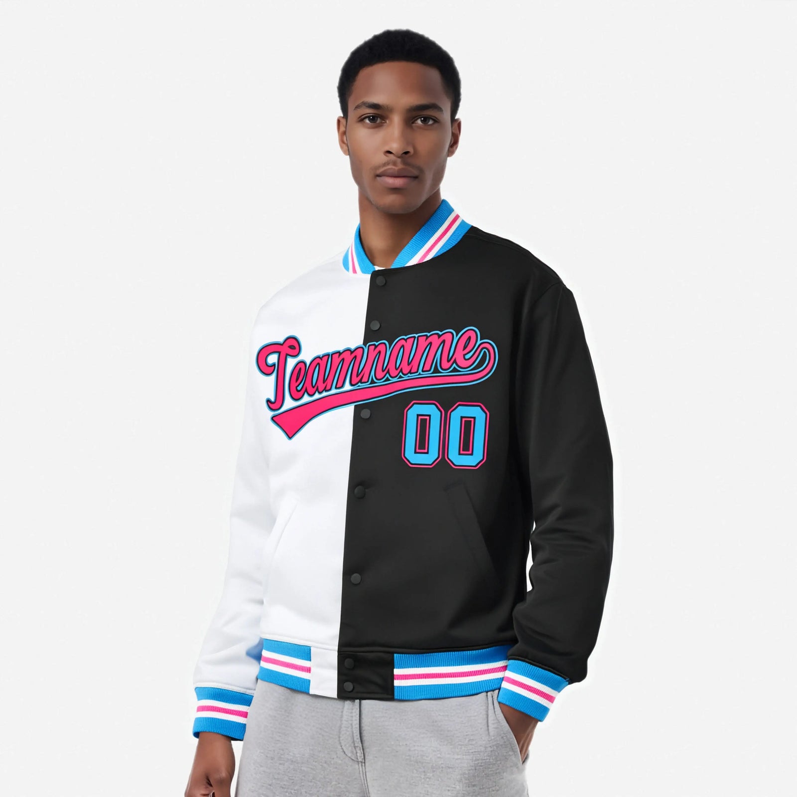 Custom White Pink-Blue Bomber Full-Snap Varsity Letterman Split Fashion Jacket