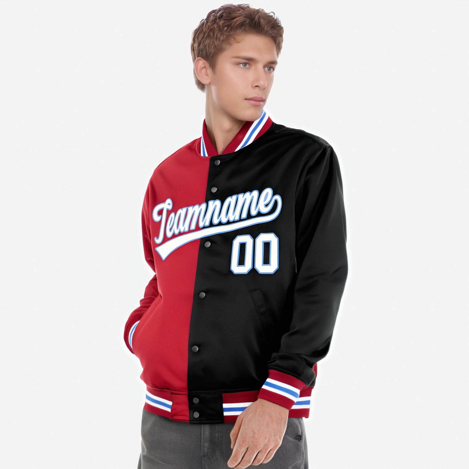 Custom Red Black White Bomber Full-Snap Varsity Letterman Split Fashion Jacket