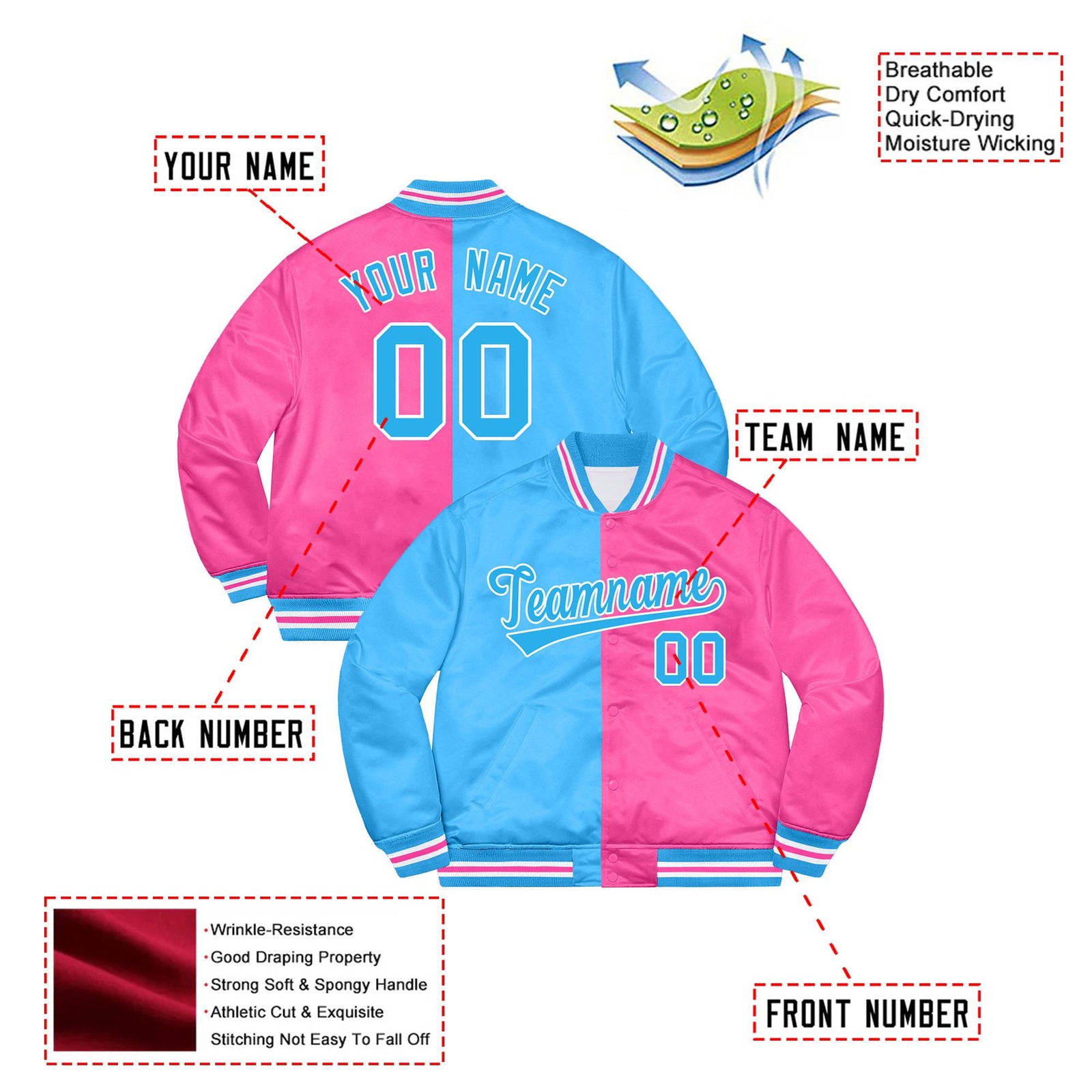 Custom Light-Blue White Pink Bomber Full-Snap Varsity Letterman Split Fashion Jacket