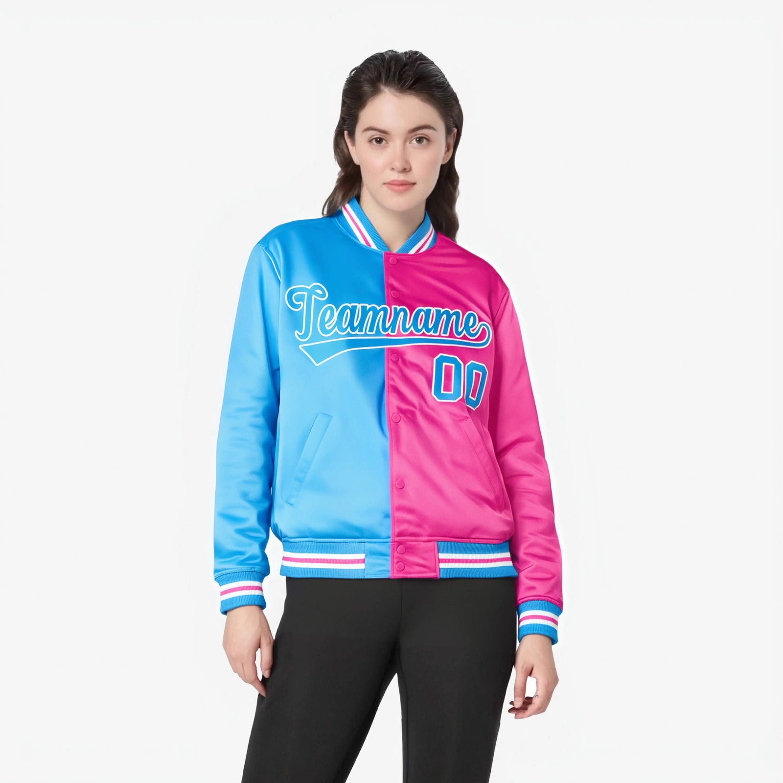 Custom Light-Blue White Pink Bomber Full-Snap Varsity Letterman Split Fashion Jacket