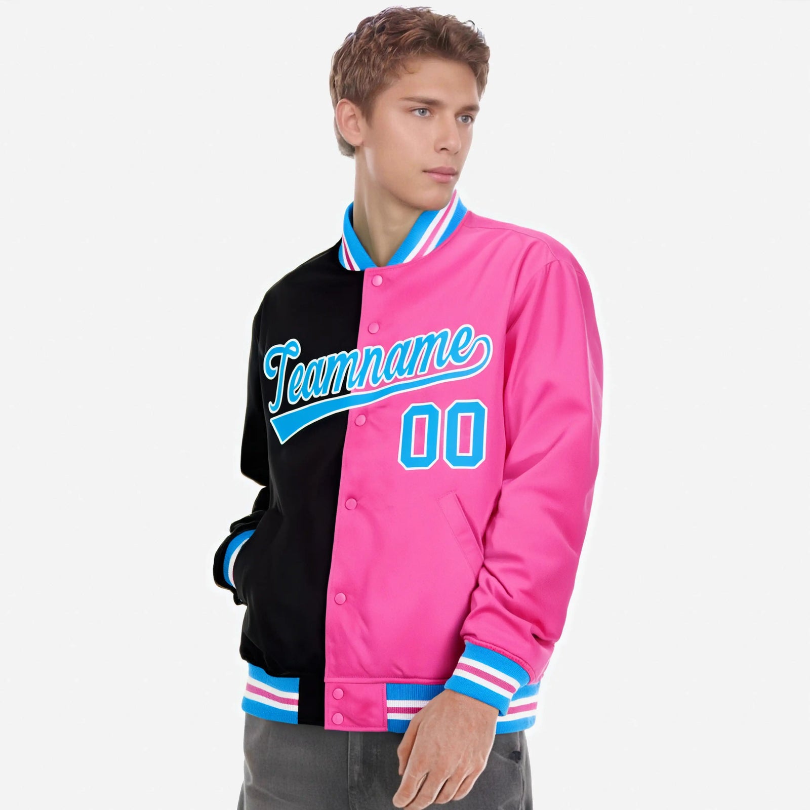 Custom Black Light-Blue Pink Bomber Full-Snap Varsity Letterman Split Fashion Jacket