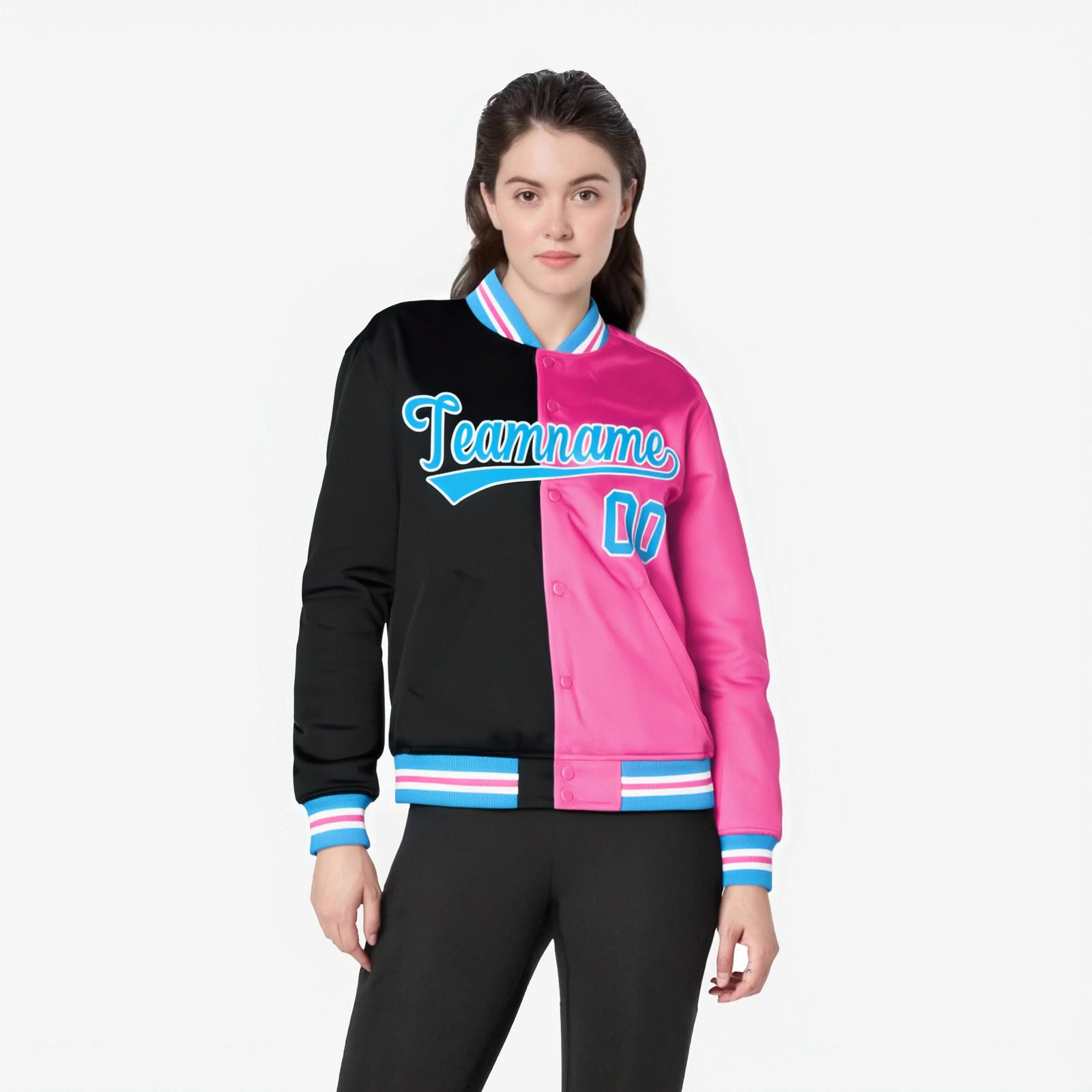 Custom Black Light-Blue Pink Bomber Full-Snap Varsity Letterman Split Fashion Jacket