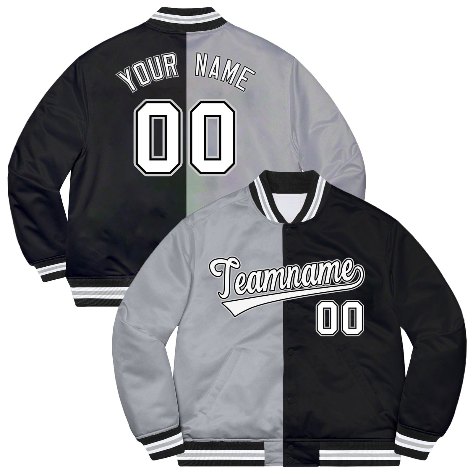 Custom Gray White Black Bomber Full-Snap Varsity Letterman Split Fashion Jacket