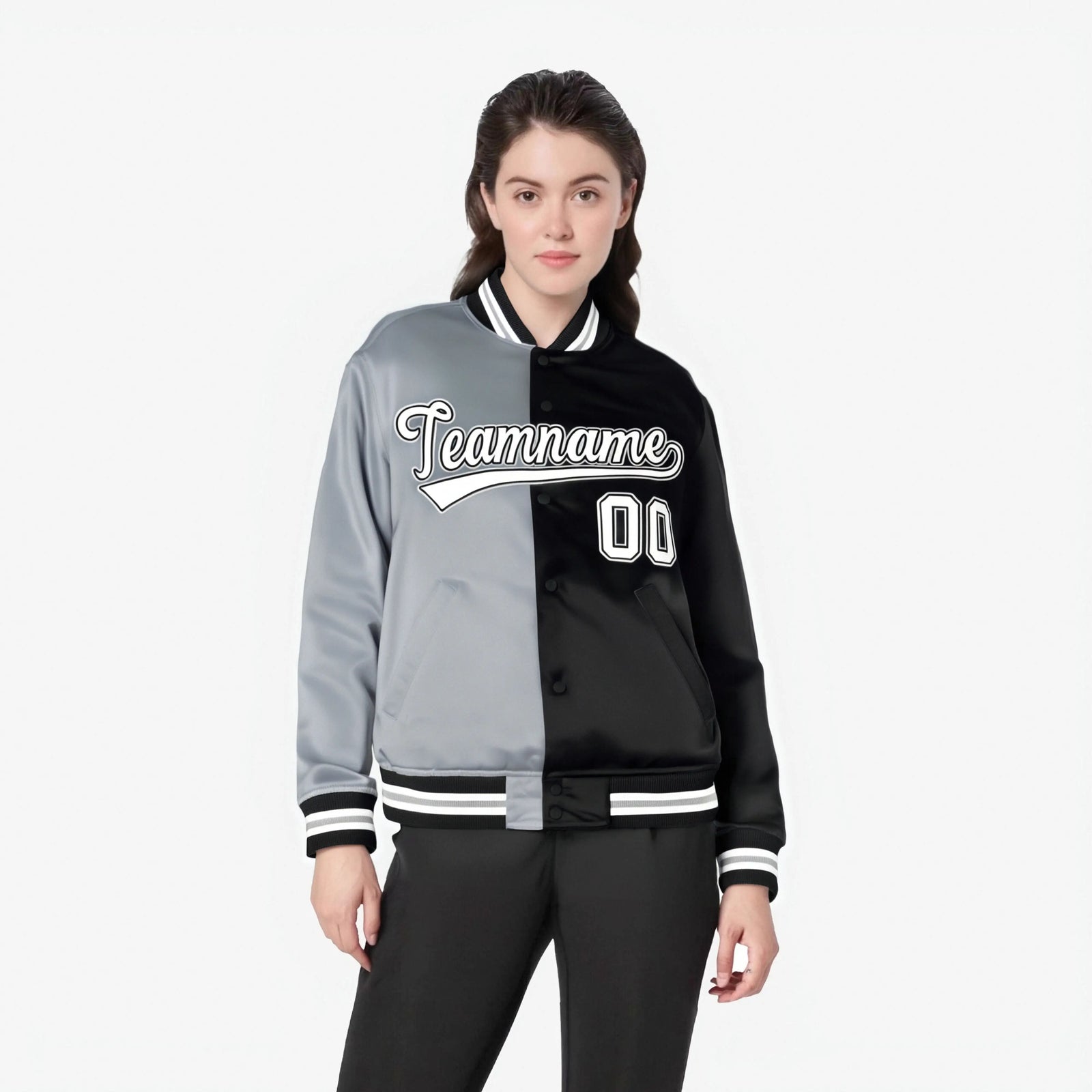 Custom Gray White Black Bomber Full-Snap Varsity Letterman Split Fashion Jacket