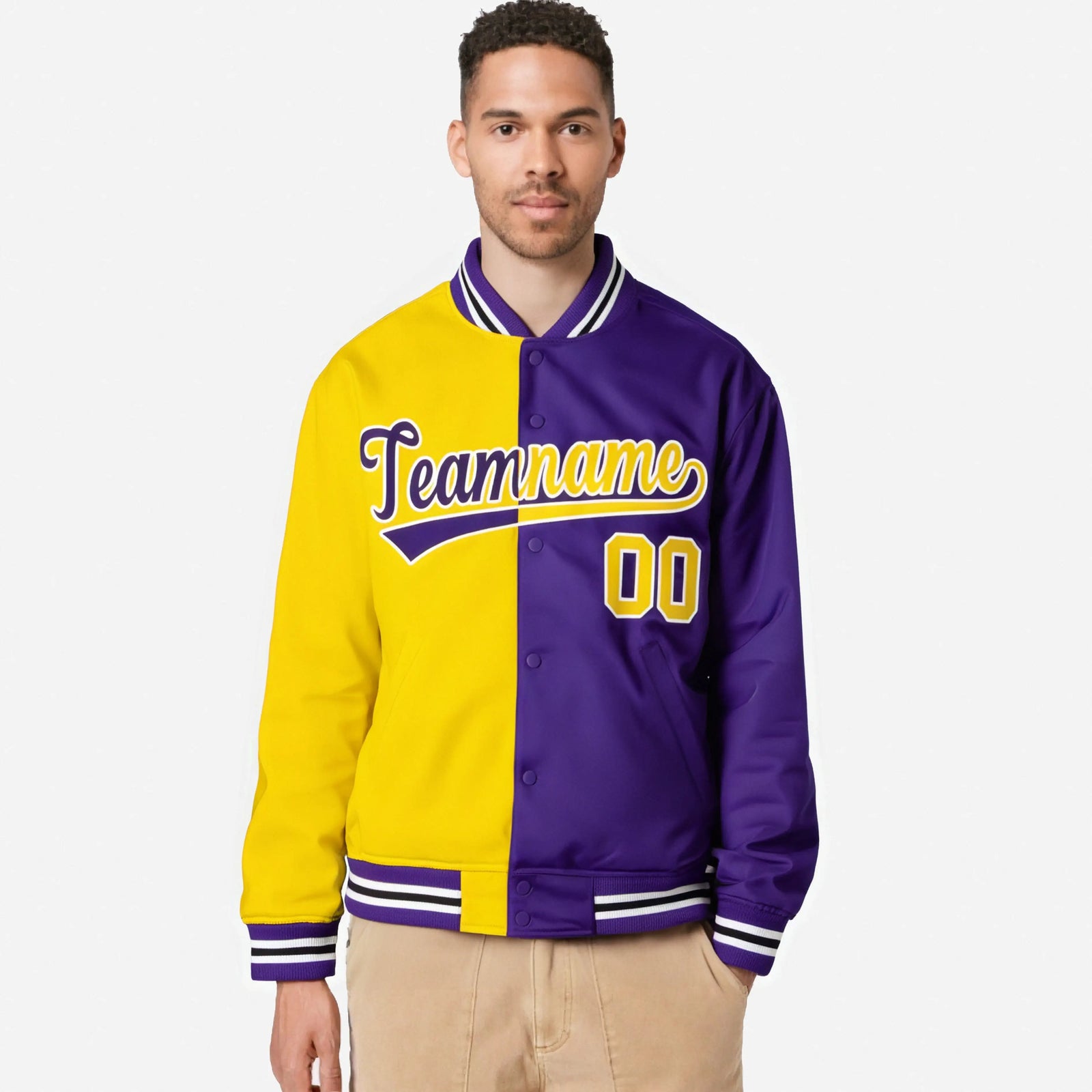 Custom Yellow White Purple Bomber Full-Snap Varsity Letterman Split Fashion Jacket