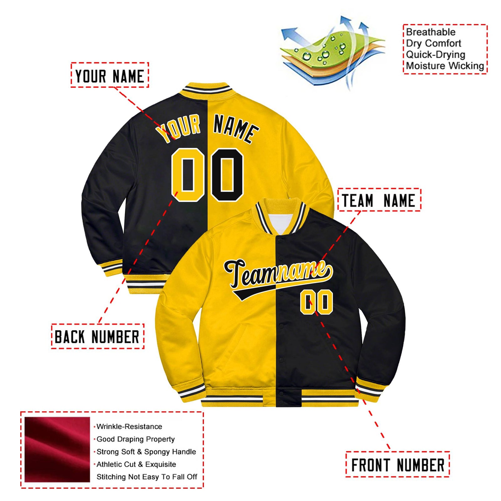 Custom Yellow White Black Bomber Full-Snap Varsity Letterman Split Fashion Jacket