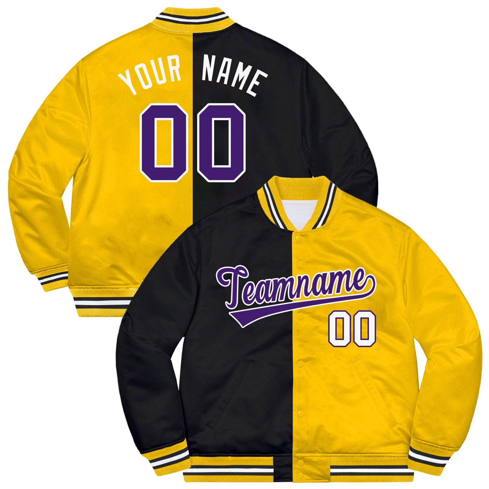 Custom Black Purple Yellow Bomber Full-Snap Varsity Letterman Split Fashion Jacket