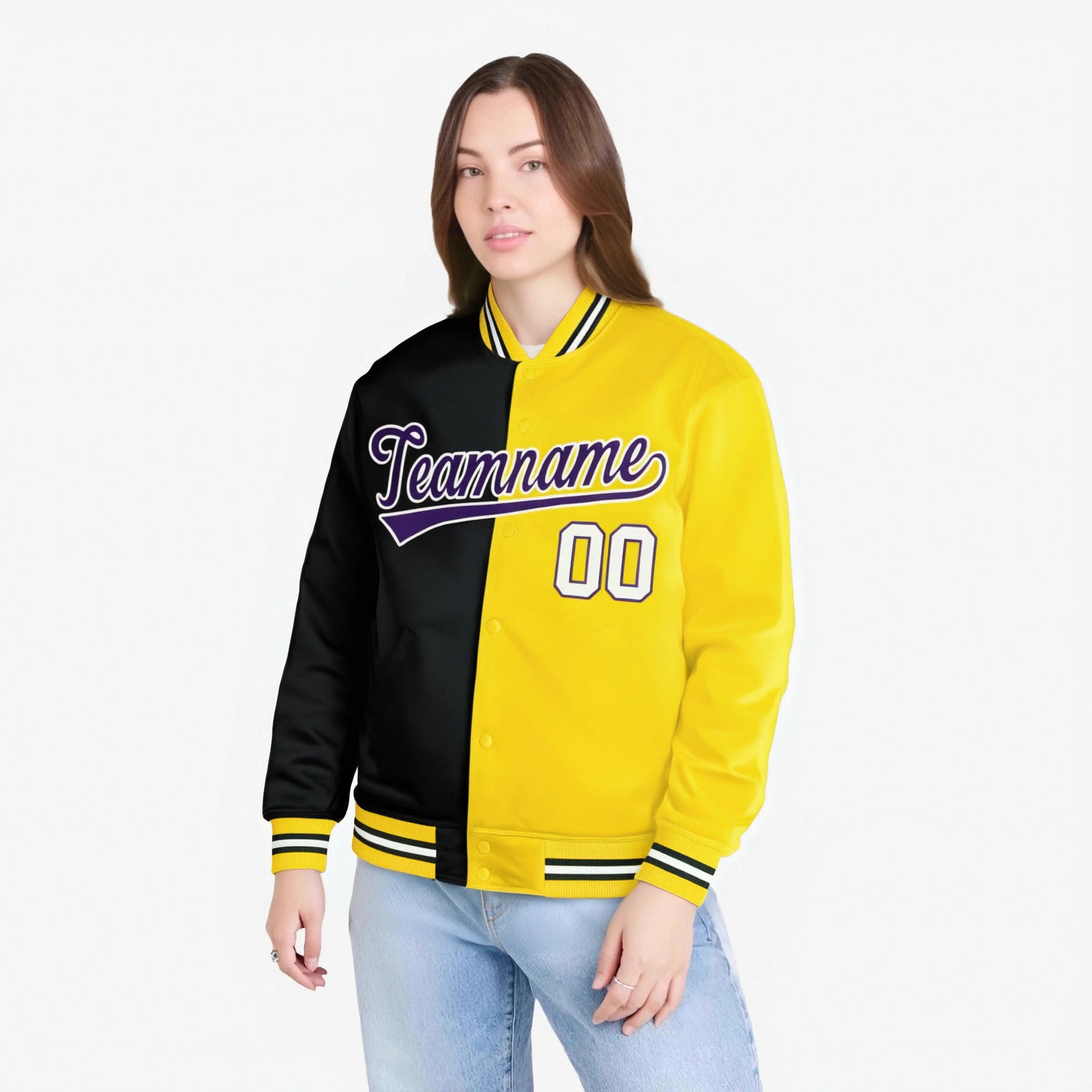 Custom Black Purple Yellow Bomber Full-Snap Varsity Letterman Split Fashion Jacket