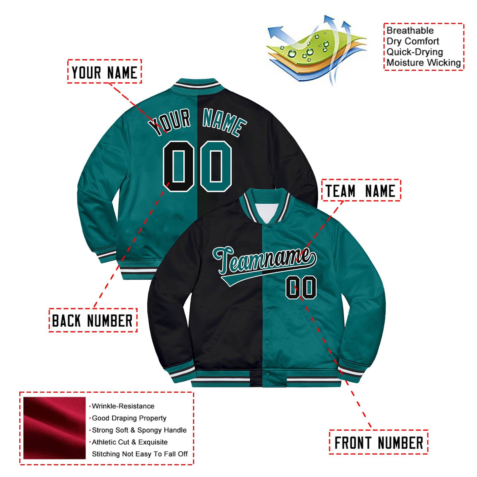 Custom Black White Aqua Bomber Full-Snap Varsity Letterman Split Fashion Jacket