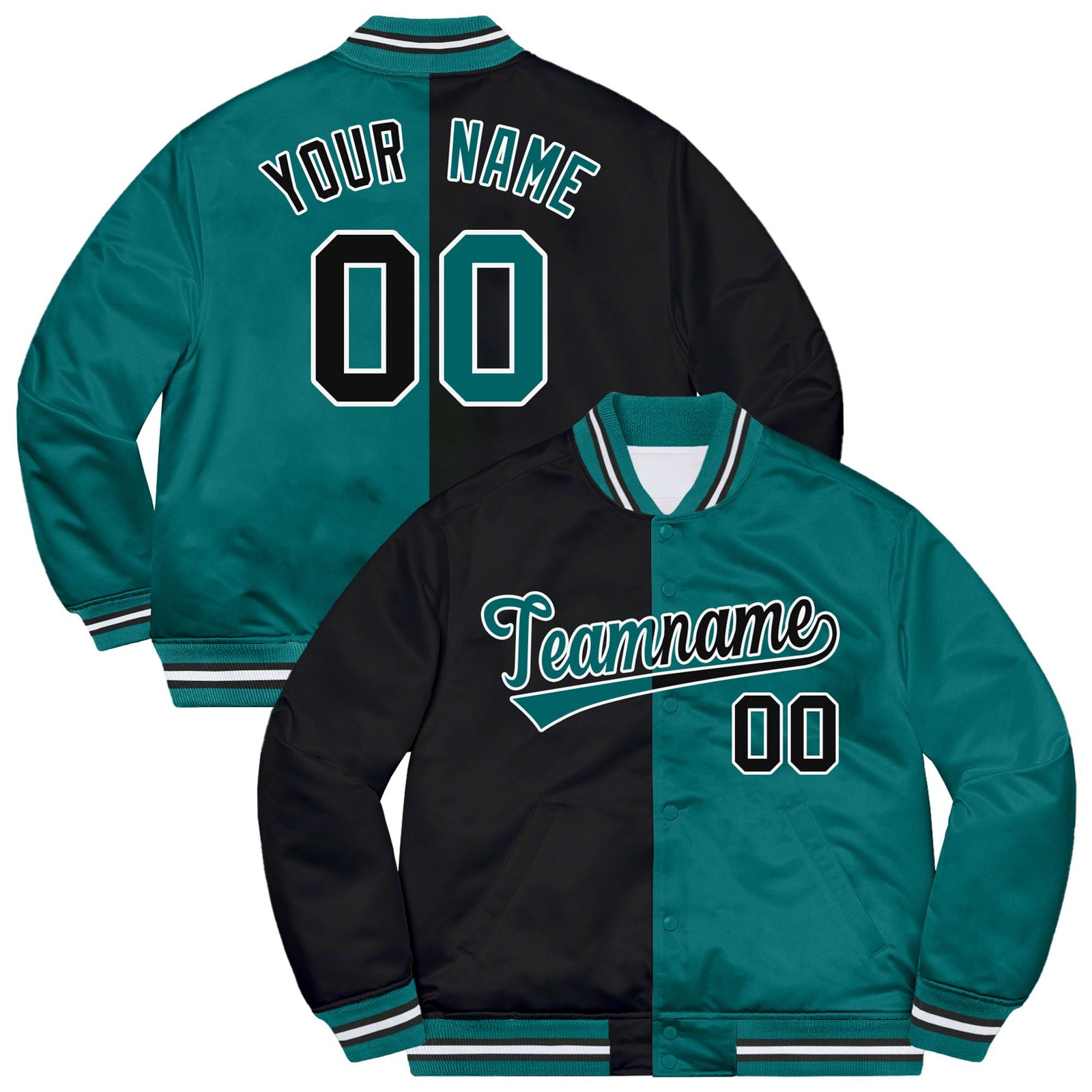 Custom Black White Aqua Bomber Full-Snap Varsity Letterman Split Fashion Jacket