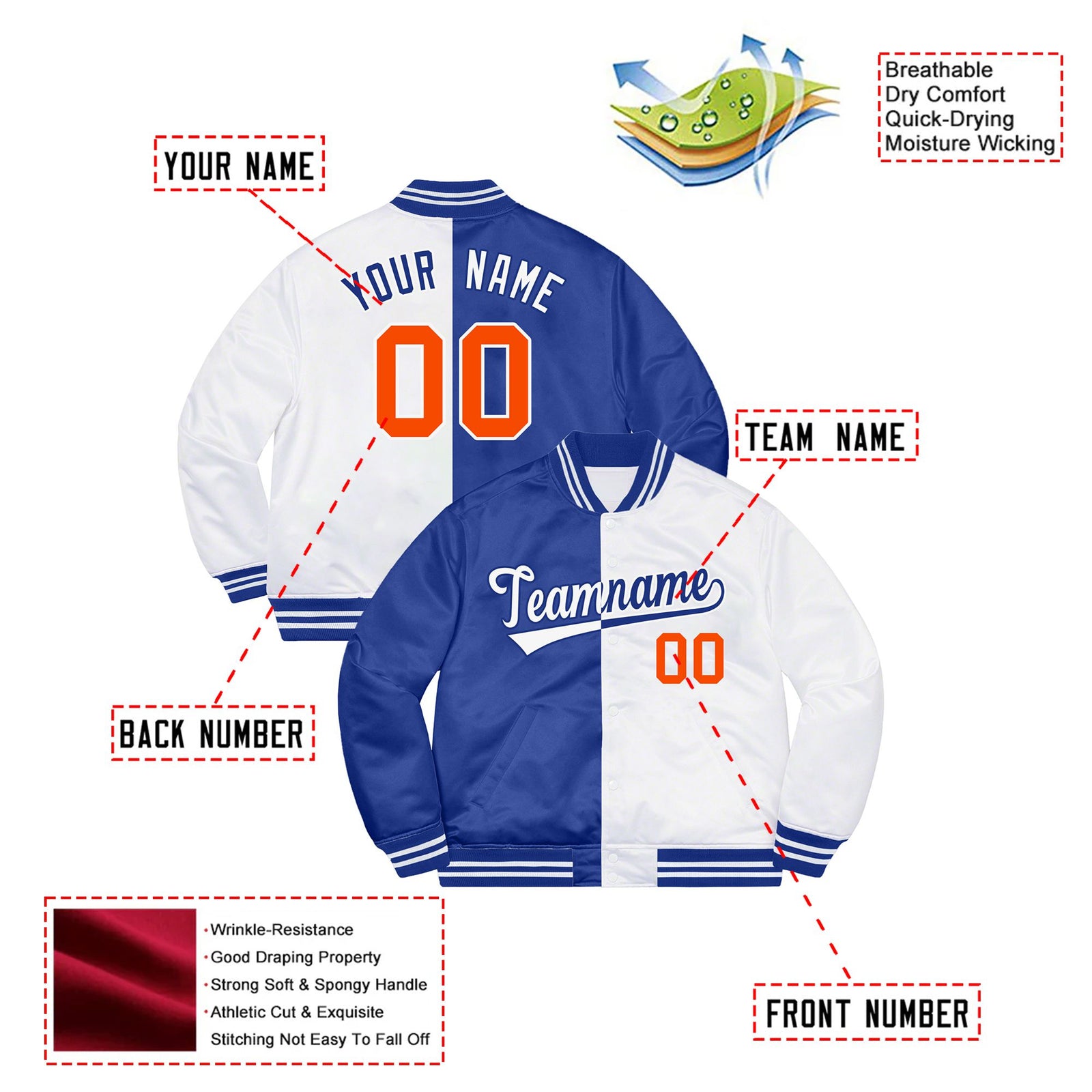 Custom Royal Blue Orange White Bomber Full-Snap Varsity Letterman Split Fashion Jacket