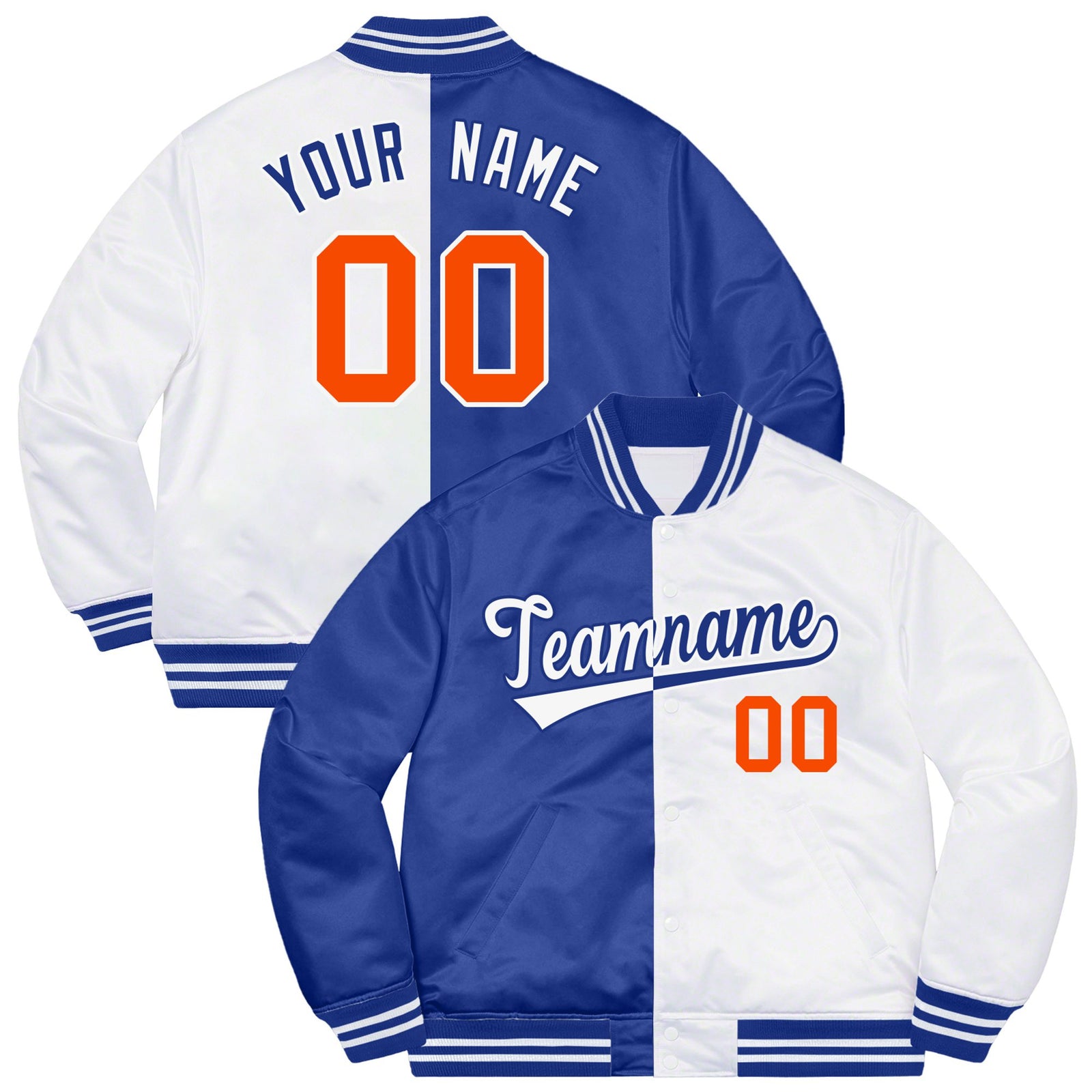 Custom Royal Blue Orange White Bomber Full-Snap Varsity Letterman Split Fashion Jacket
